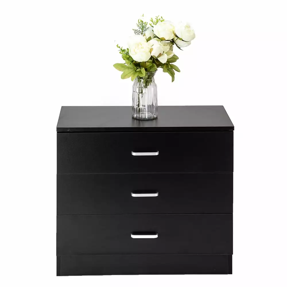 COOKCOK 3-Drawer Wood Dresser Chest Cabinet Storage Black Nightstand