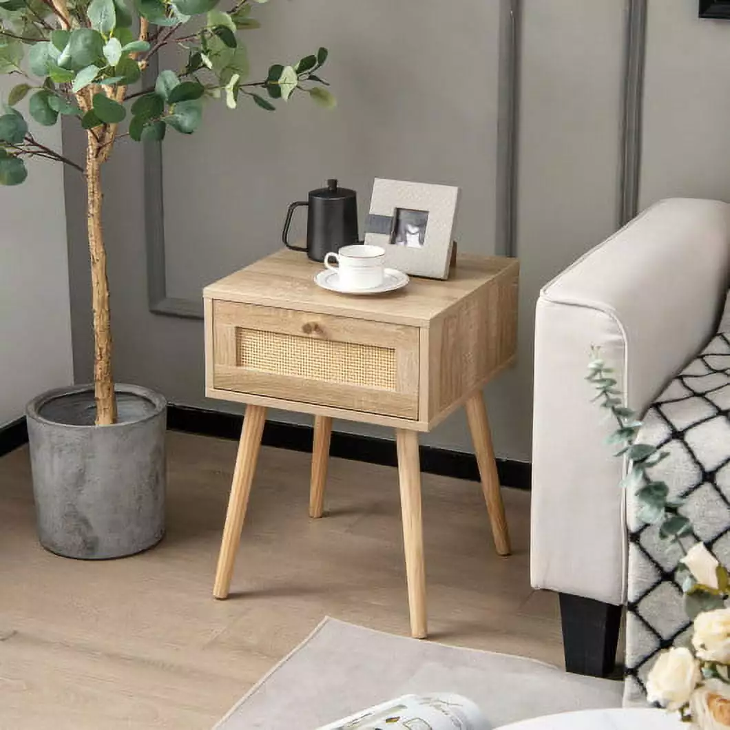 Modern Rattan Nightstand Drawer and Solid Wood Legs Bedroom Living Room Natural CostwayINC