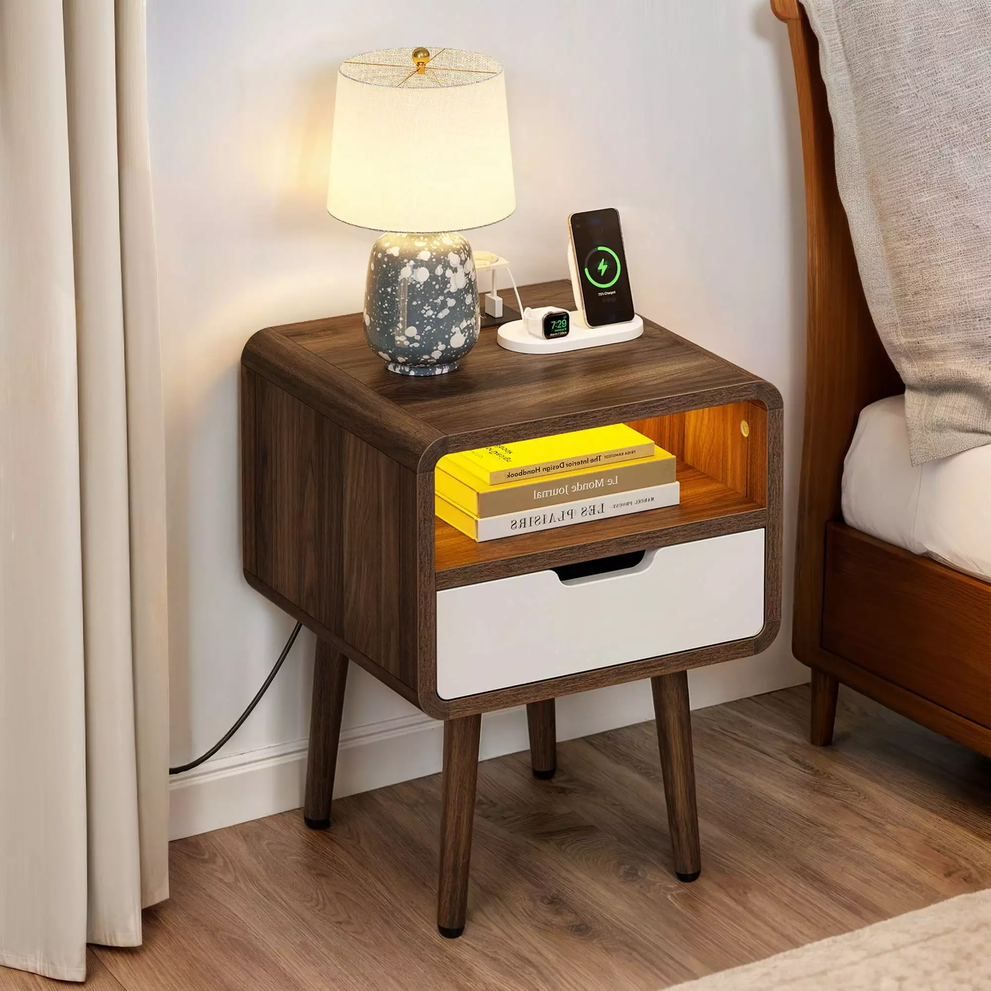Dextrus LED Nightstand Charging Station Small Bedside End Table Drawer and Shelf Bedroom Living Room White and Brown