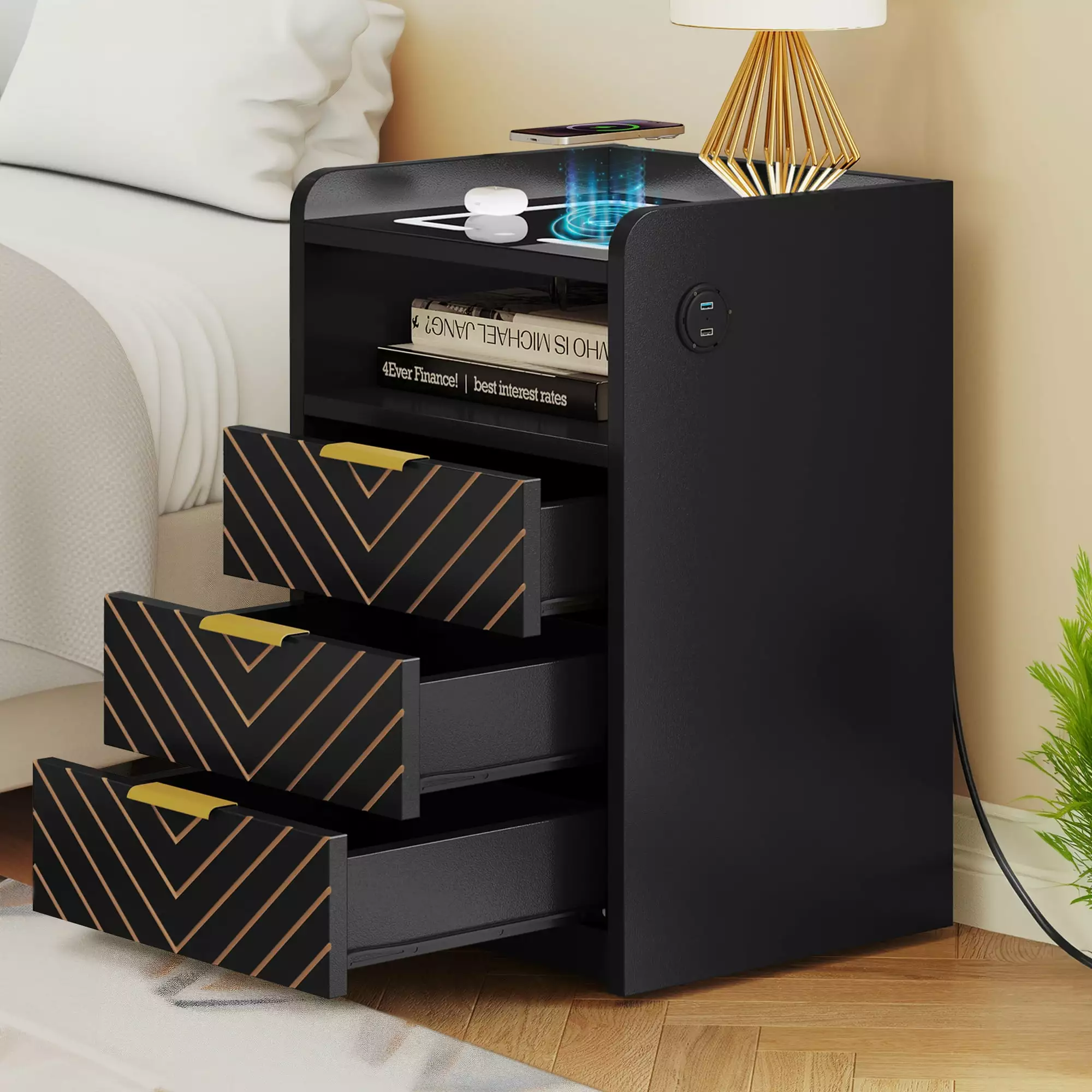 Dextrus LED Nightstand Wireless Charging Station USB Ports Black End Side Table Glass Desktop