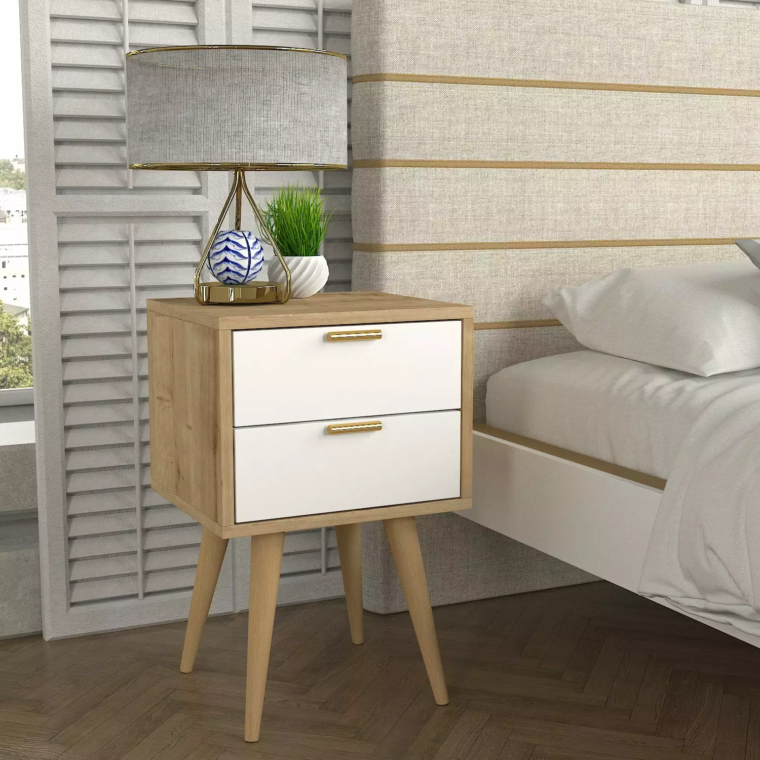 DORPEK 2 Drawer Nightstand Bedside Table Wooden Legs Modula Nightstand Sapphire White