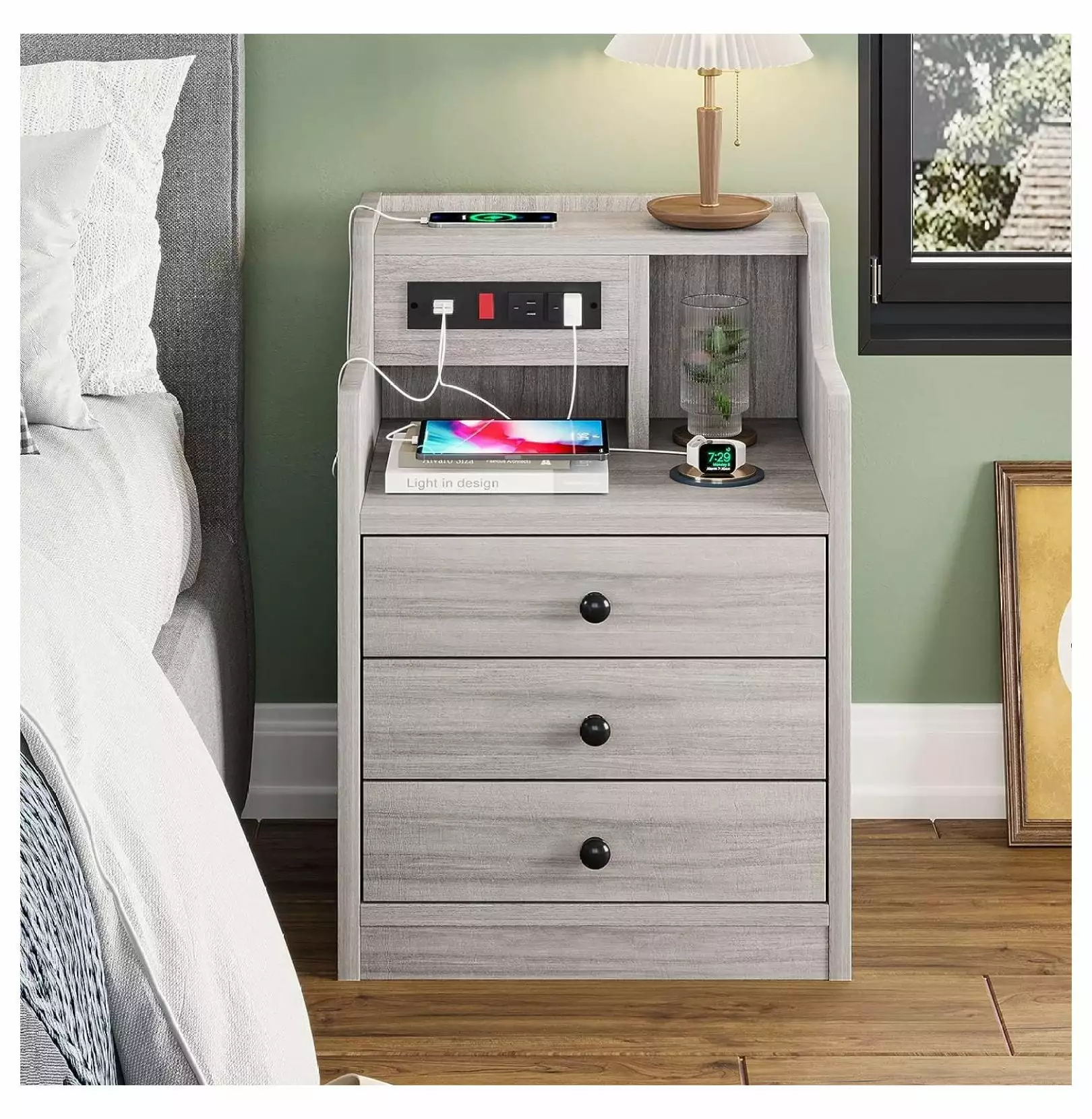 Drevy Grey Nightstand Charging Station Hutch and Storage Drawers Bedroom End Table