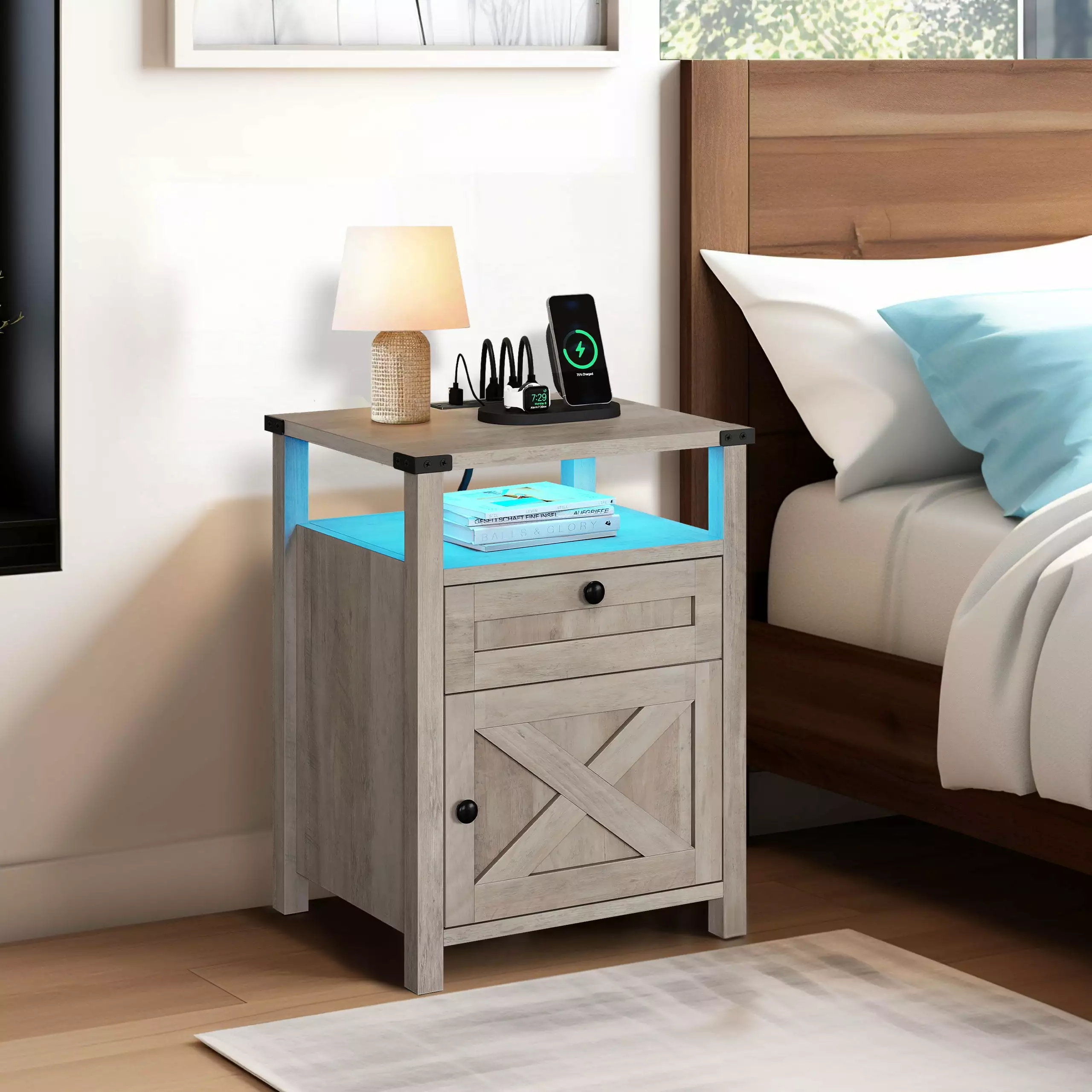 DWVO Rustic Brown Nightstand RGB LED Light Charge Station 29 Wood Bedside Table