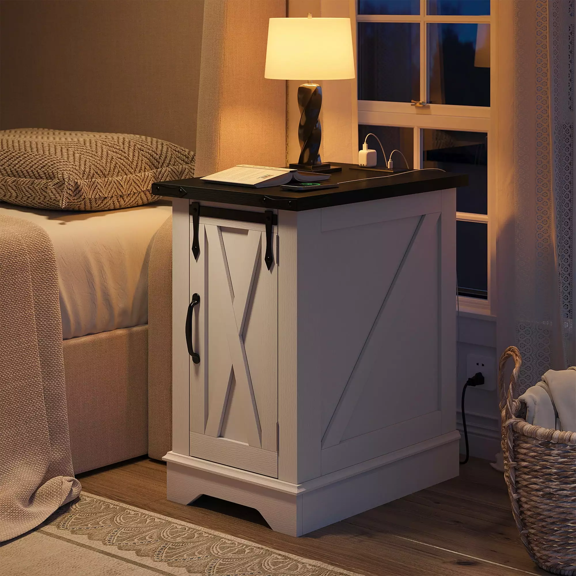 EnHomee White Nightstand Charging Station Farmhouse End Table Barn Door and Adjustable Shelf