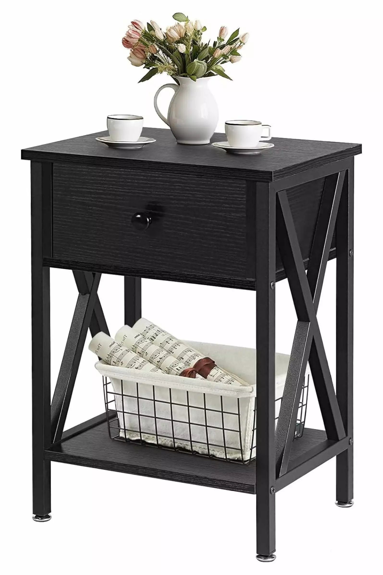 Exlonjet Modern X-Design Black Nightstand Drawer and Storage Shelf