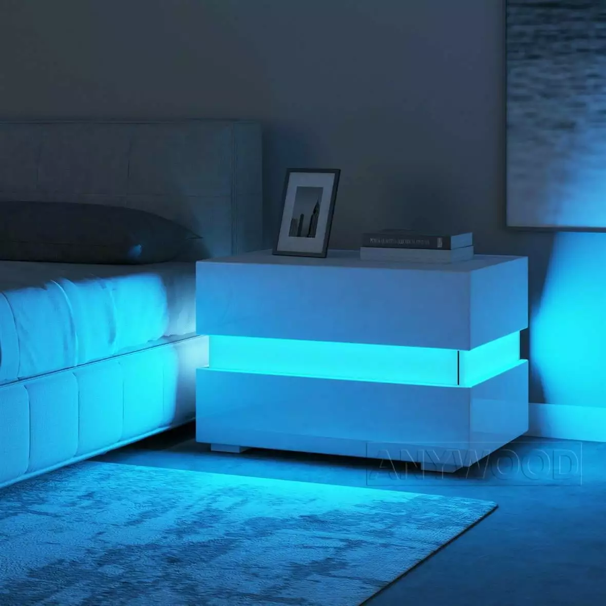 LED RGB Light Nightstand High Gloss 2 Drawers Modern Bedside End Table Bedroom FCH