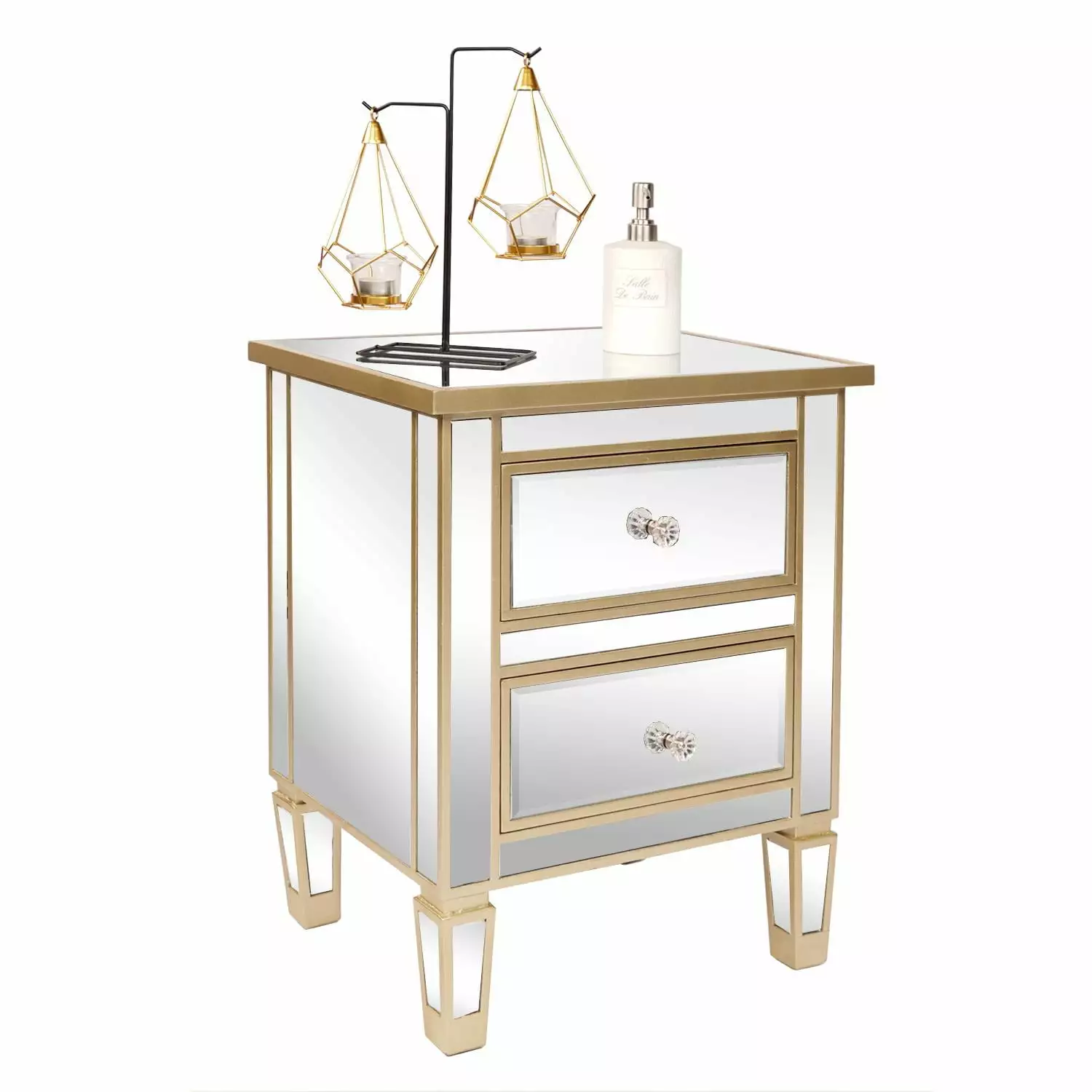 Zimtown Mirrored Nightstand 2 Drawer Modern Mirror End Table Silver Frame Gold Borders Bedroom Living Room FCH