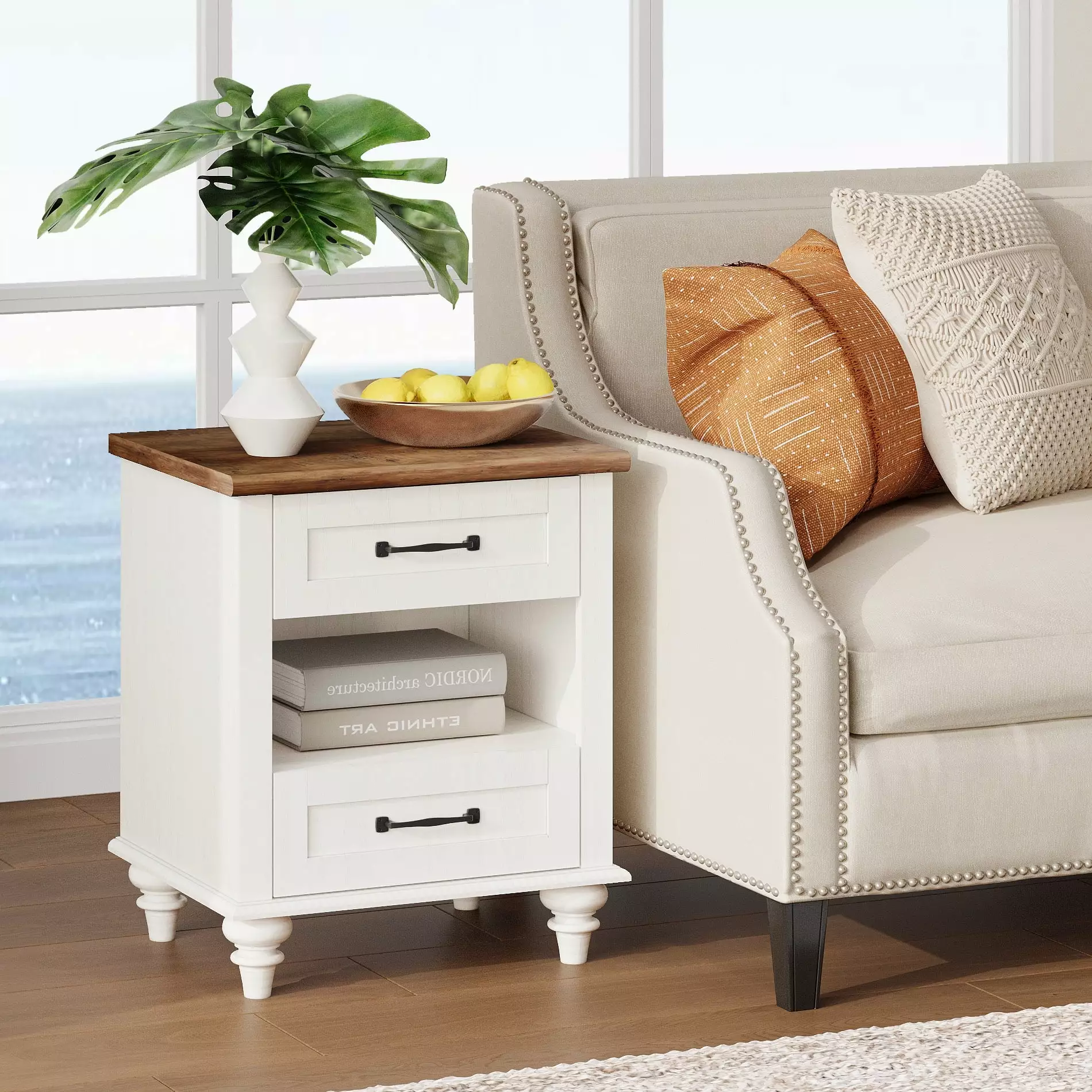 White Nightstand Charging Station Bedroom Wood End Table Living Room Kids Room FITUEYES