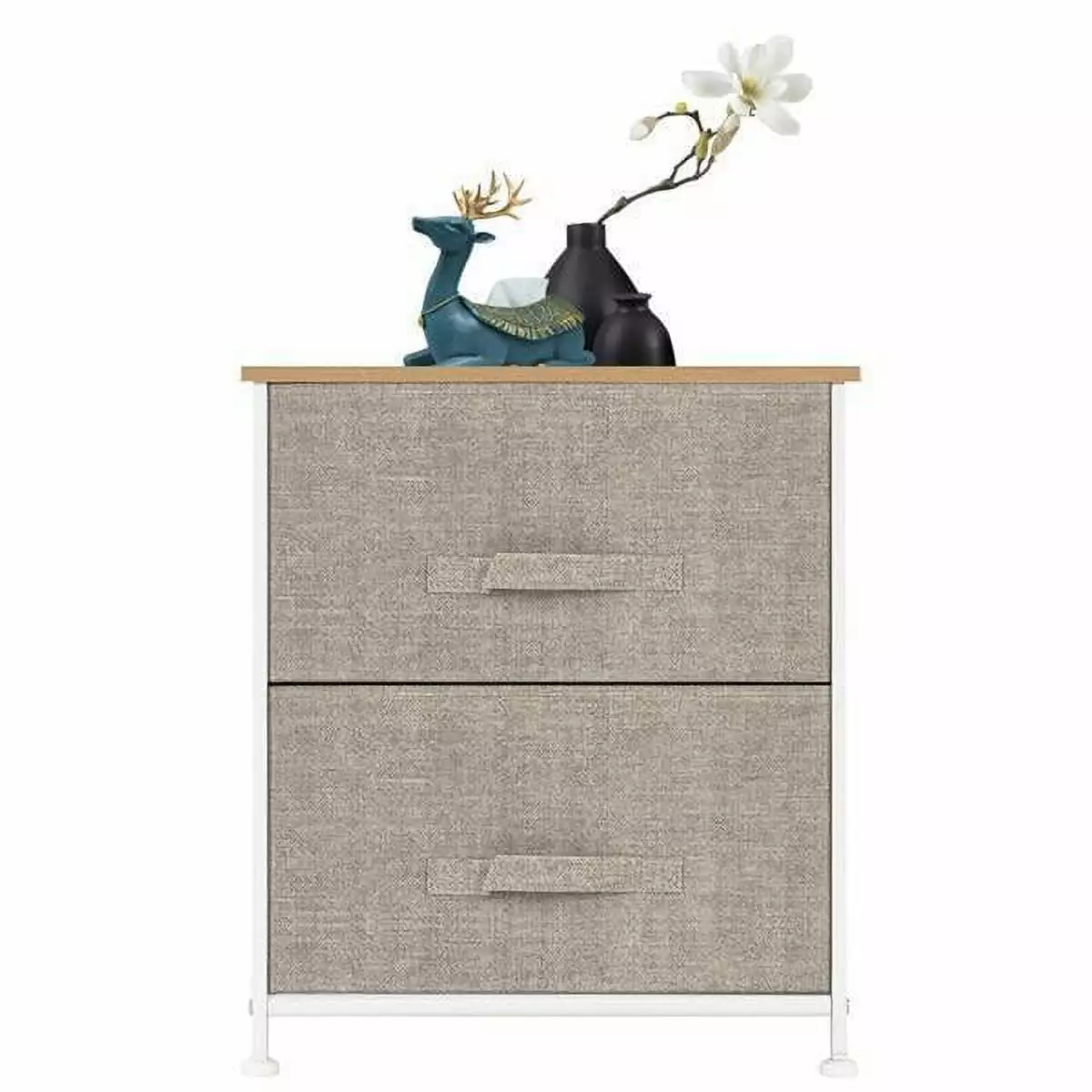 2 Drawers Night Stand Sturdy Steel Frame Wood Top Linen Natural Bedside Table FloraVivid
