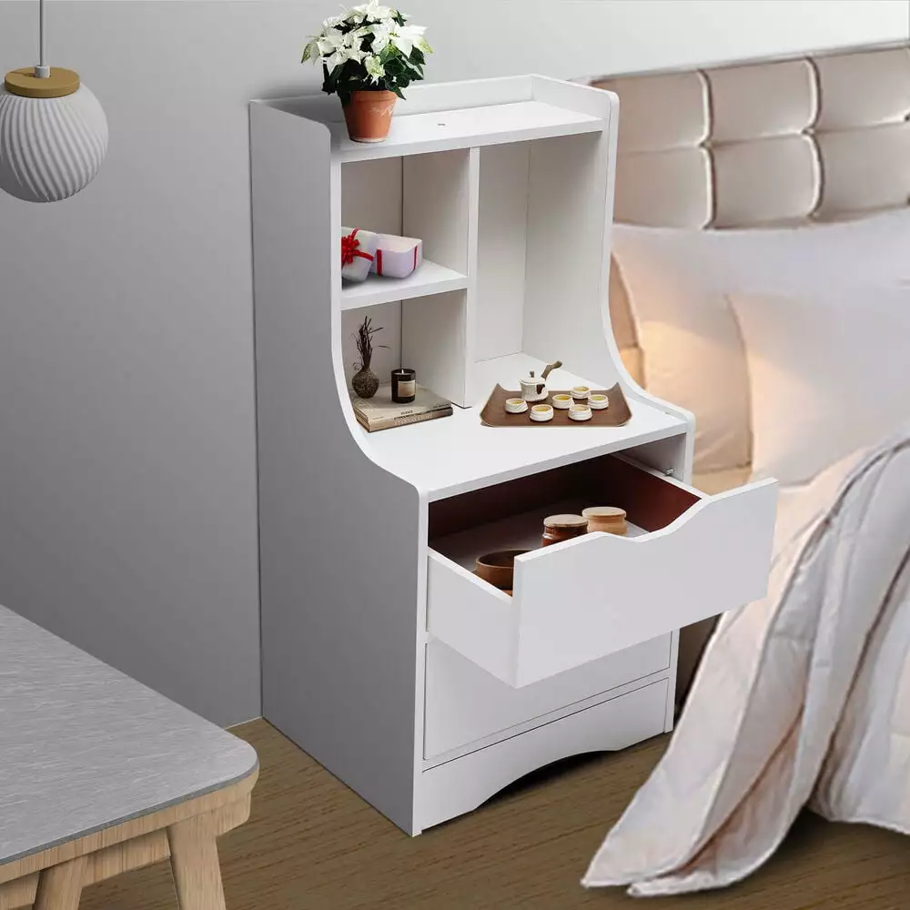 White Wooden Bedroom Night Stand 2 Drawers End Side Storage FloraVivid