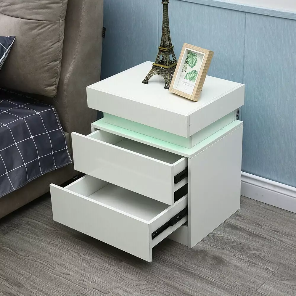 Modern LED Nightstand 2 Drawers Bedside Chest Cabinet Dresser White GardenBliss