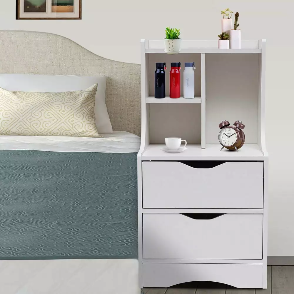 White 2-Drawer Bedroom Night Stand End Side Storage Desk Furniture GardenBliss
