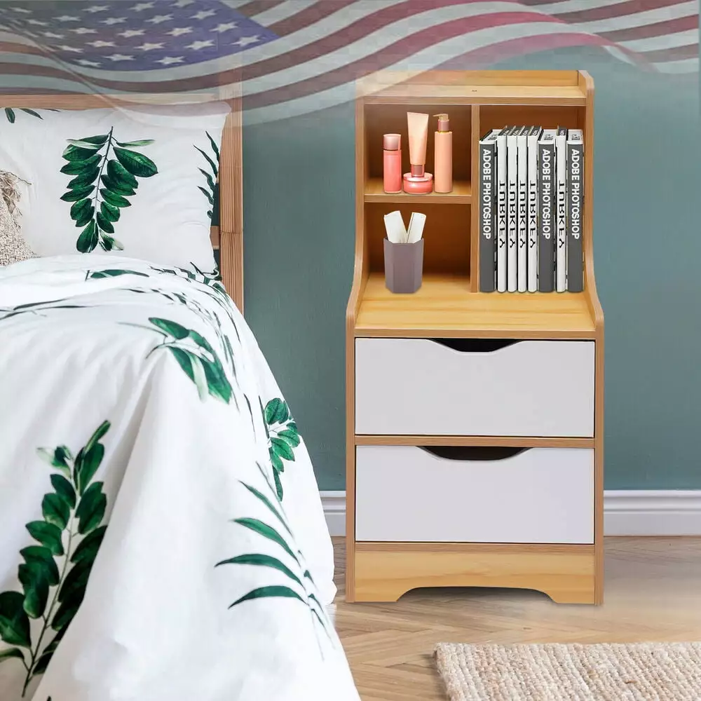 Wooden Bedroom Nightstand 2 Drawers End Side Table Storage GardenBliss
