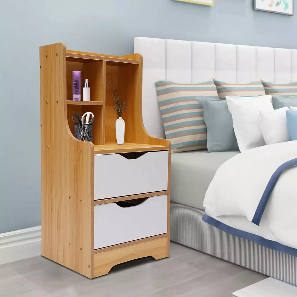 Wooden Bedroom Nightstand 2 Drawers End Side Storage Table GardenBliss