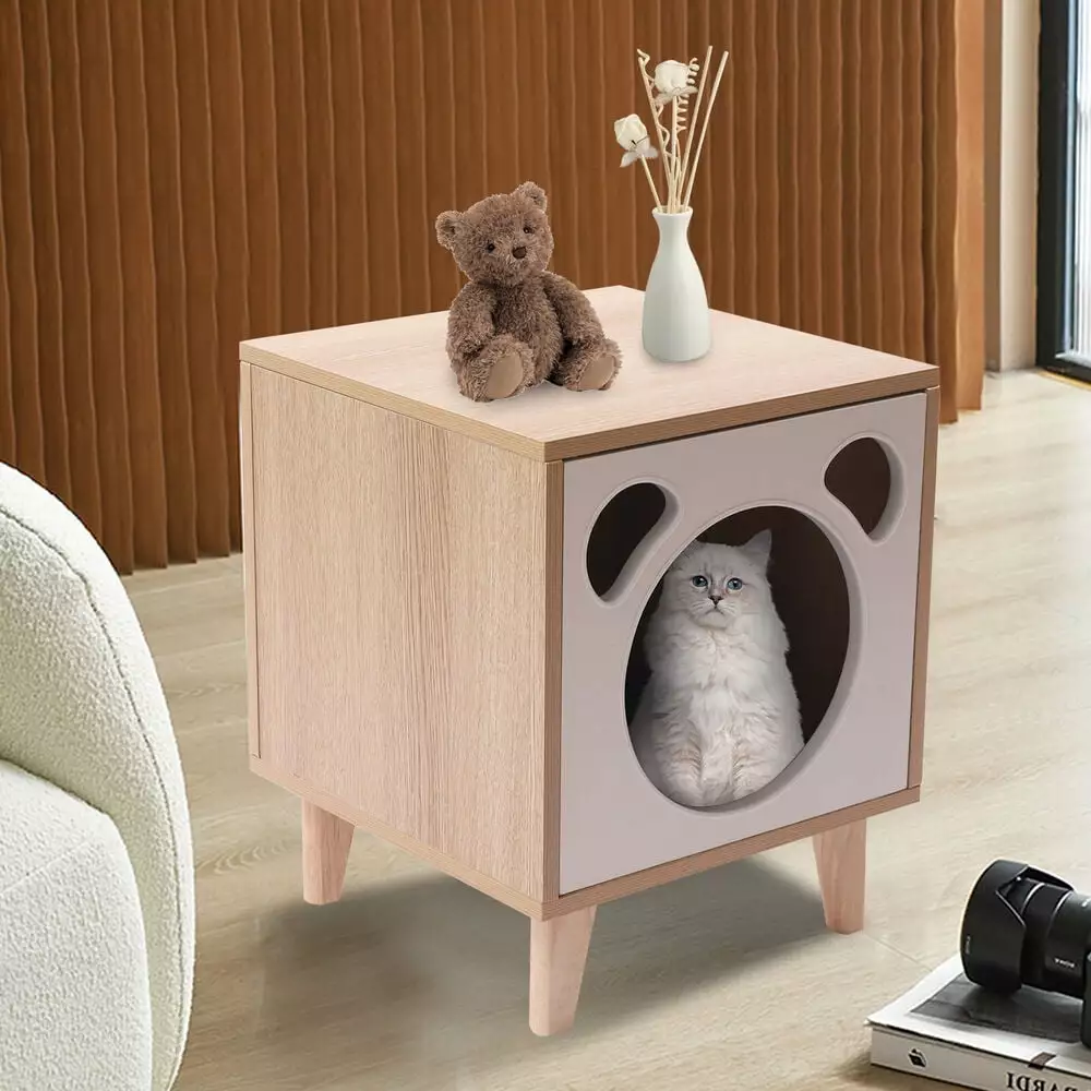 Wooden Nightstand Bedside Table End Table Cat Dog Kennel Cave Decor GardenBliss