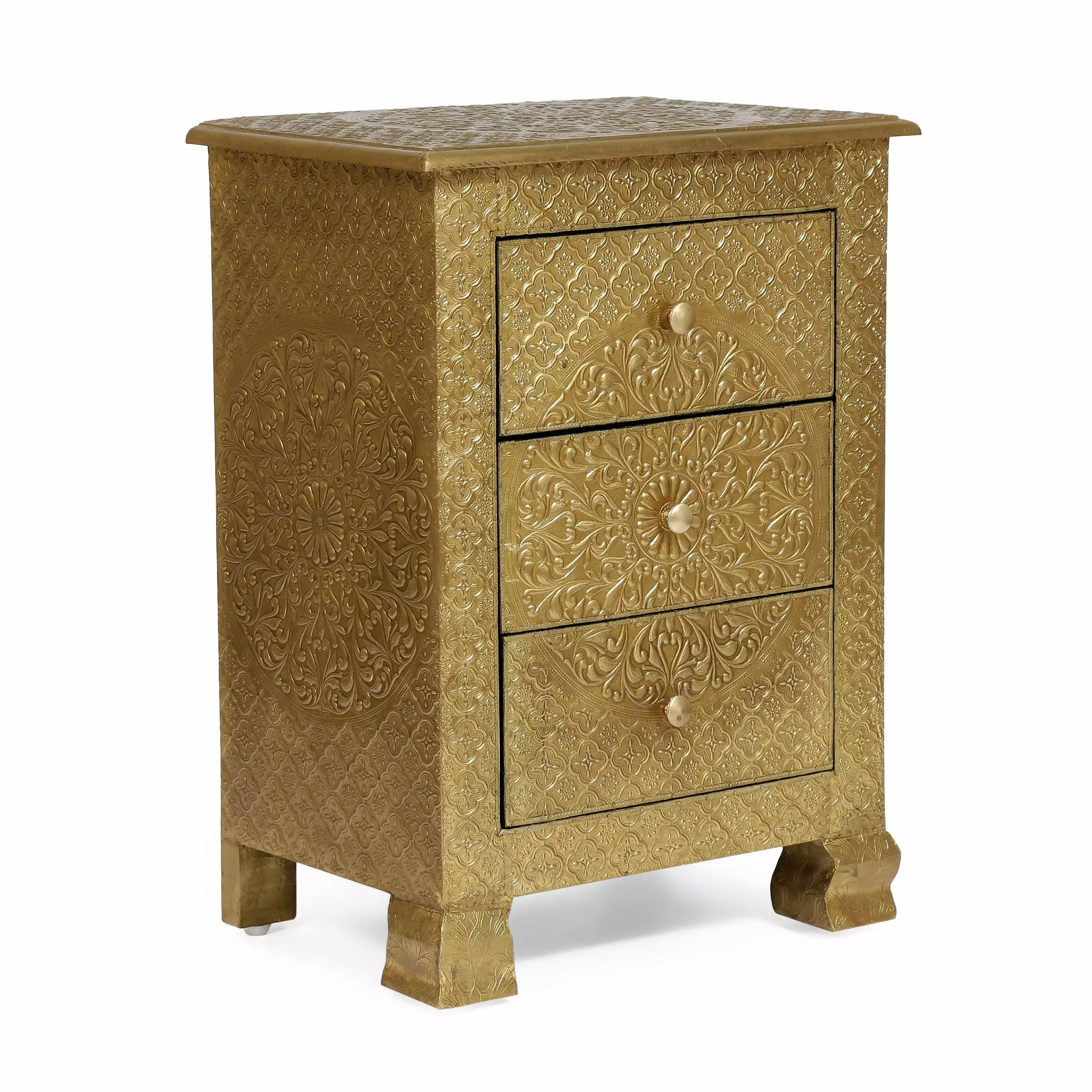 GDF Studio Paulding Boho Handmade Embossed Mango Wood 3 Drawer Nightstand Gold GDFSTUDIO