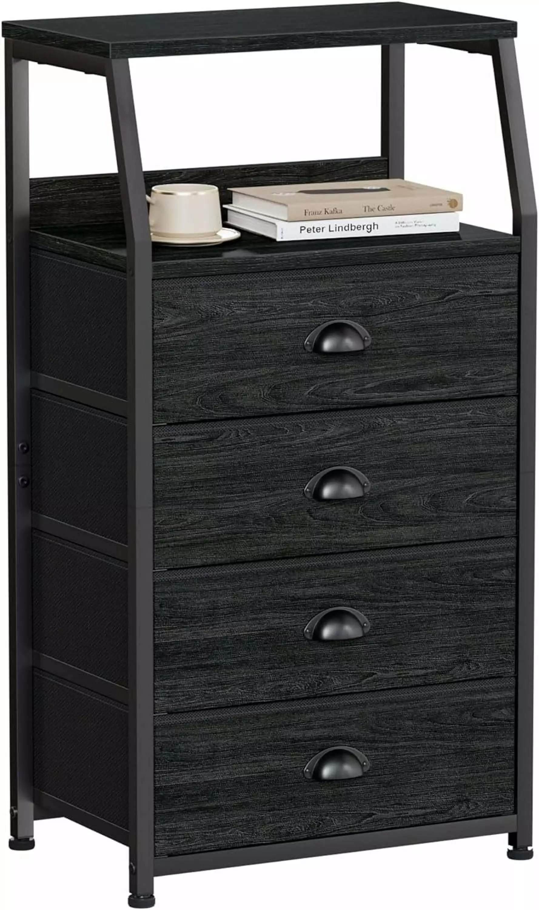 4-Drawer Vertical Fabric Storage Dresser Wood Top Sturdy Steel Frame Black General