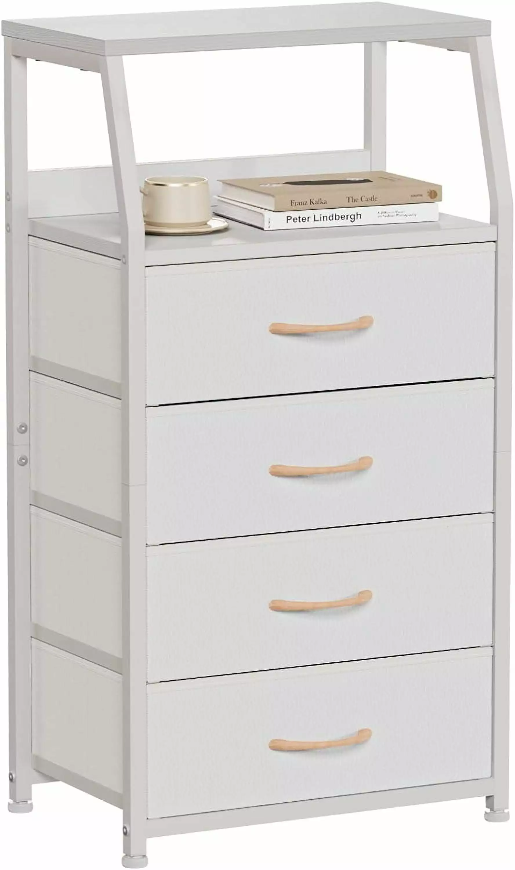4-Drawer Vertical Fabric Storage Dresser Wood Top Sturdy Steel Frame White General