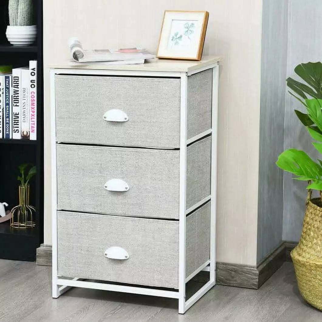 Nightstand Side Table Storage Tower Dresser Chest 3 Drawers Gray Generic