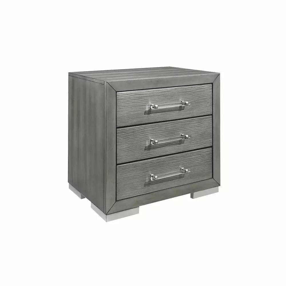 Global Furniture USA Tiff Silver Wood 3-Drawer Nightstand Acrylic Hardware - Bedroom Furniture