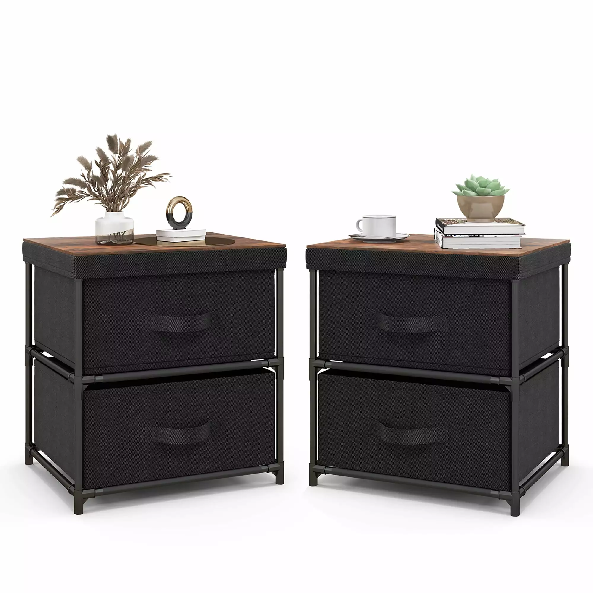 Gymax 2PCS Fabric Bedside Table 2 Drawers Nightstand Small Dresser Bedroom Living Room