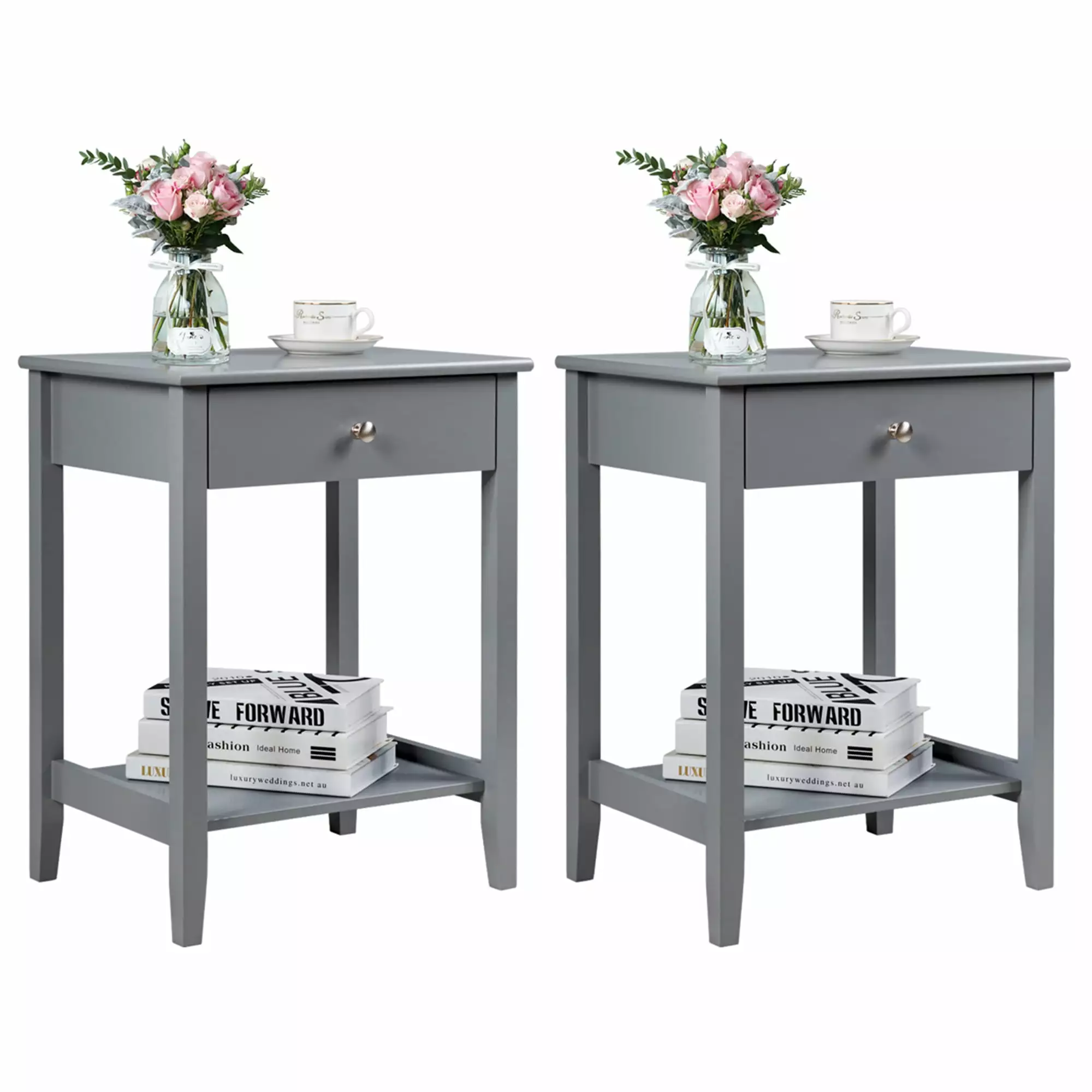 Gymax 2PCS Grey Nightstand Shelf Drawer Bedroom Living Room