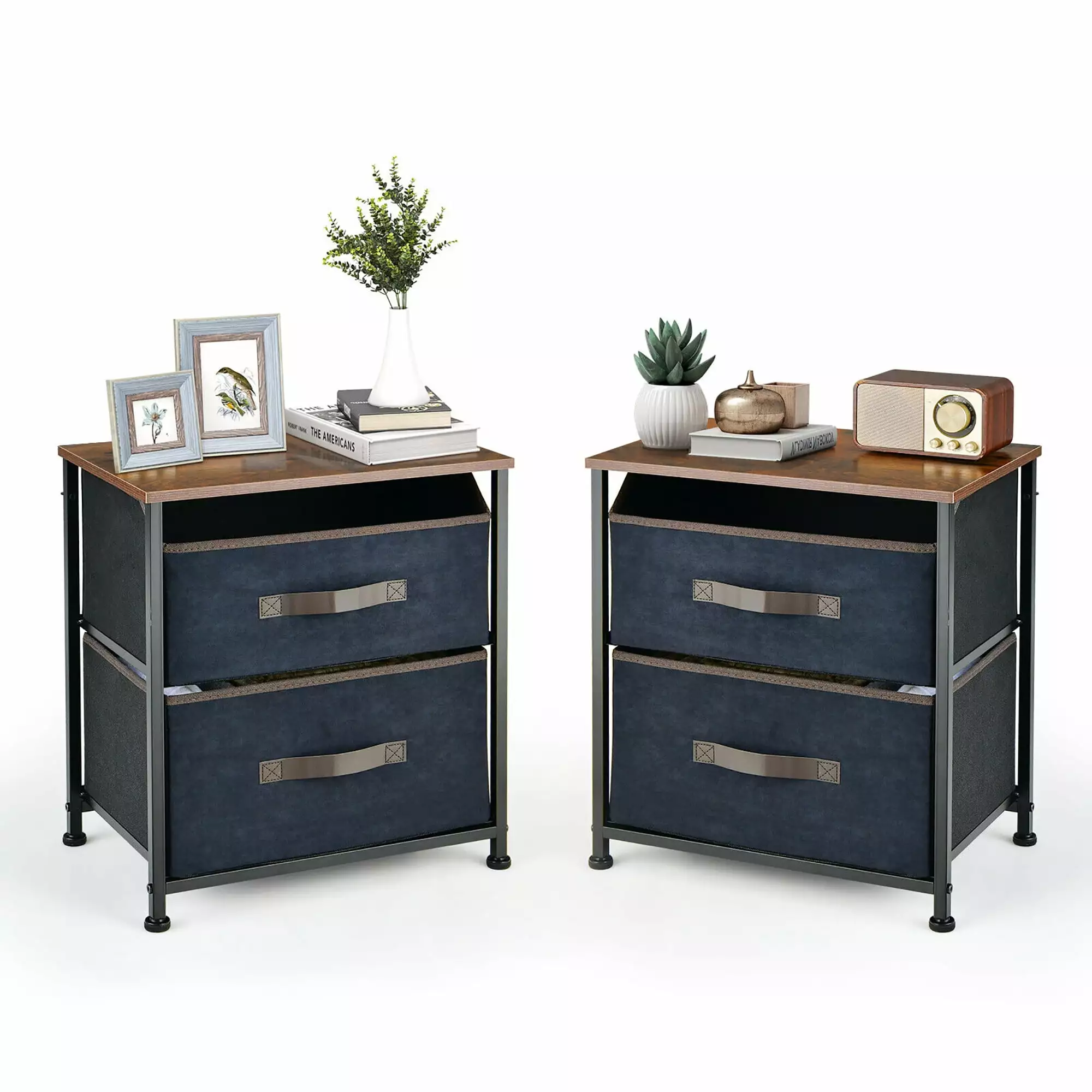 Gymax 2PCS Nightstand End Side Table Dresser 2 Pull-out Fabric Drawers Bedroom