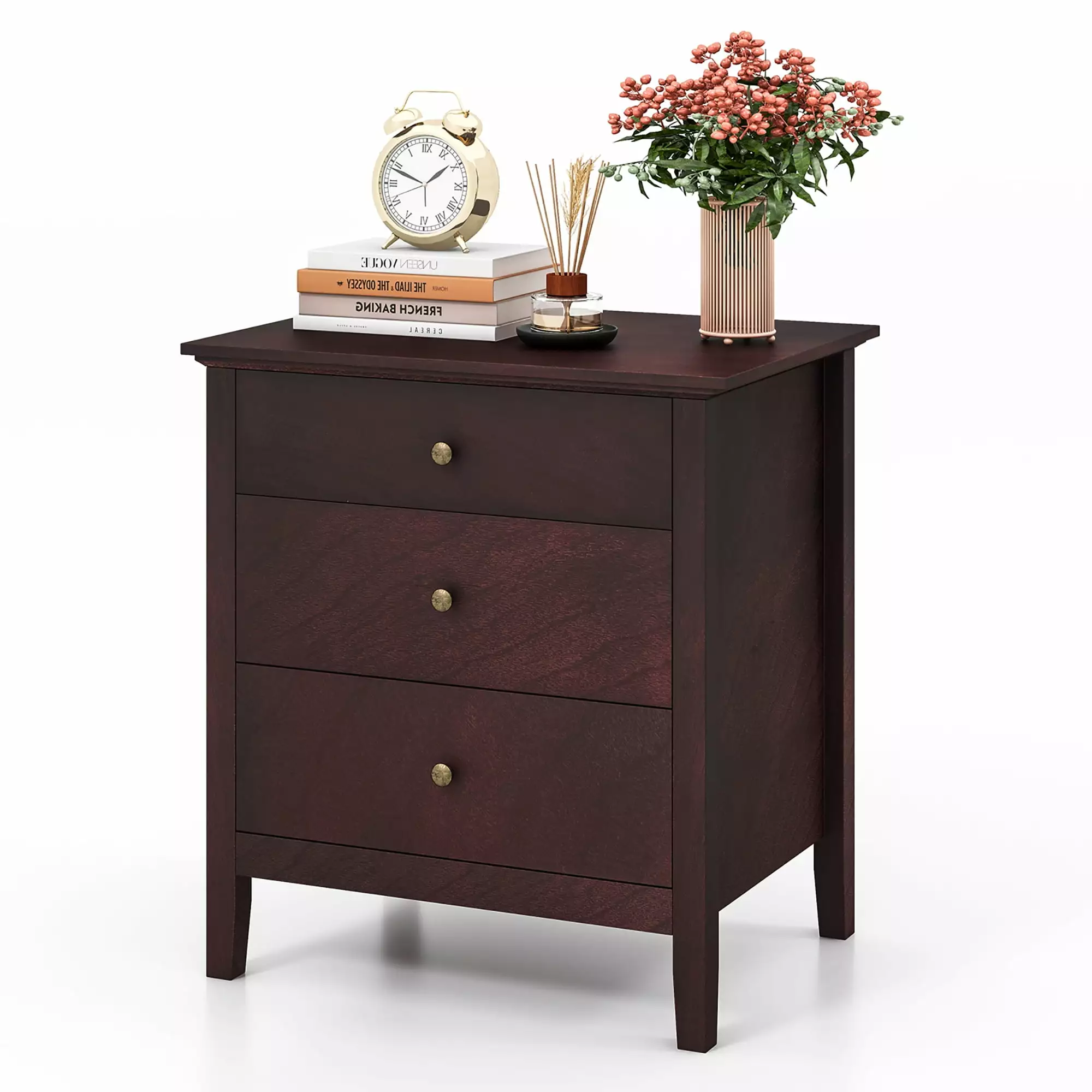Gymax 3-Drawer Brown End Table Nightstand Accent Table Bedroom
