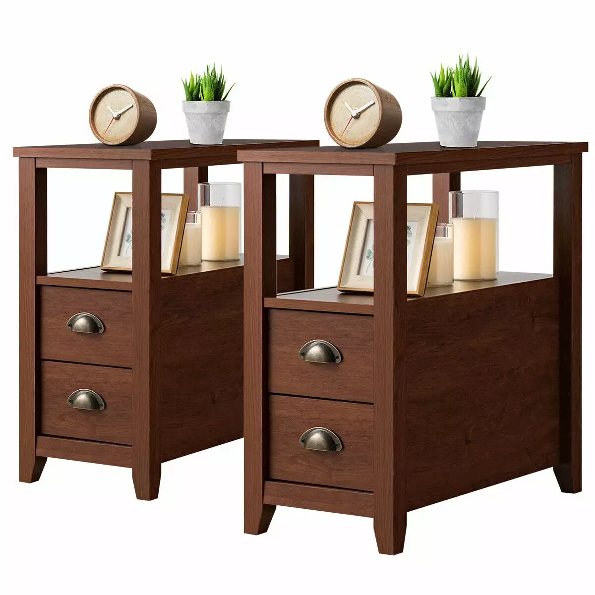 Gymax Set 2 Rustic Style Nightstand End Tables Drawer and Shelf Brown
