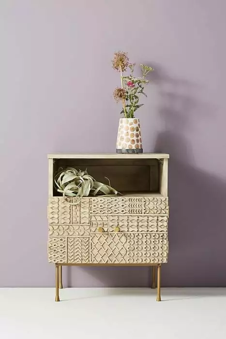 Mango Wood Bedside Table Carved-Patchwork Design Hibashi Furniture