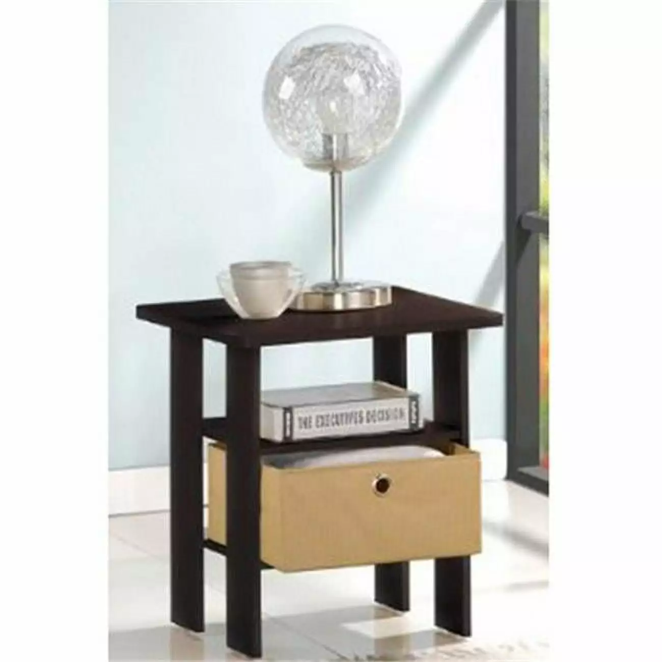 LRL End Table Bedroom Night Stand Bin Drawer Espresso Brown 17.5 x 15.5 x 15.5 Highkey