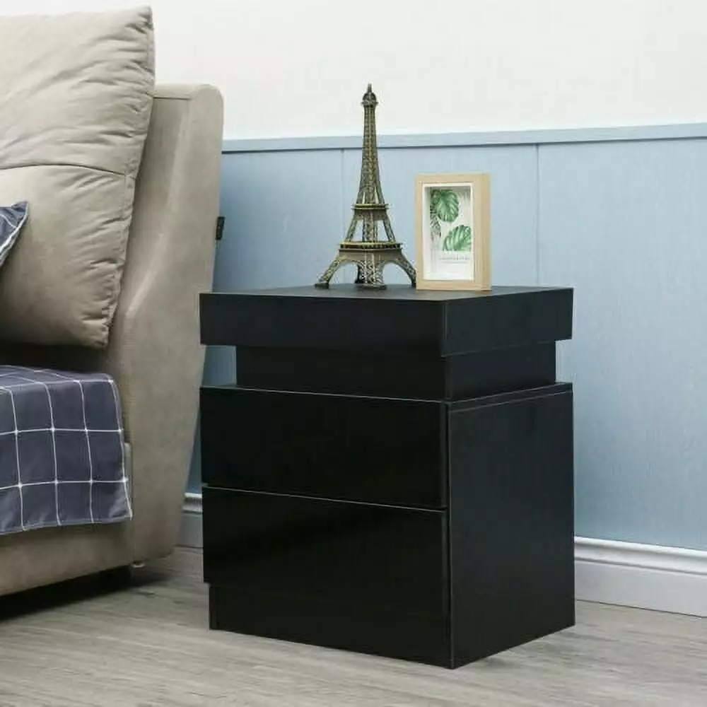 2 Drawers Black Bedside Table Storage Cabinet LED Lights HiKaRiGuMi