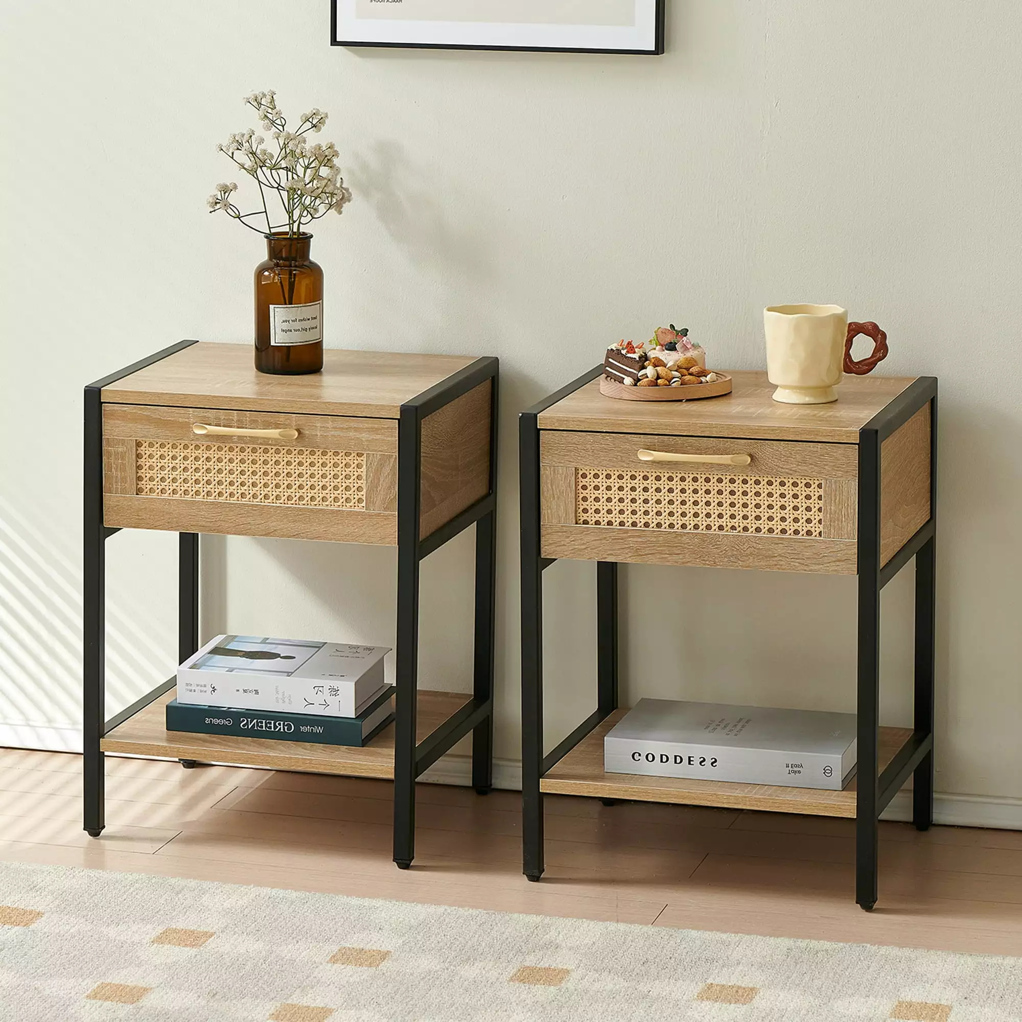 Set 2 Rattan End Tables Drawer Modern Nightstand Metal Legs Living Room Bedroom Natural HOLISUN