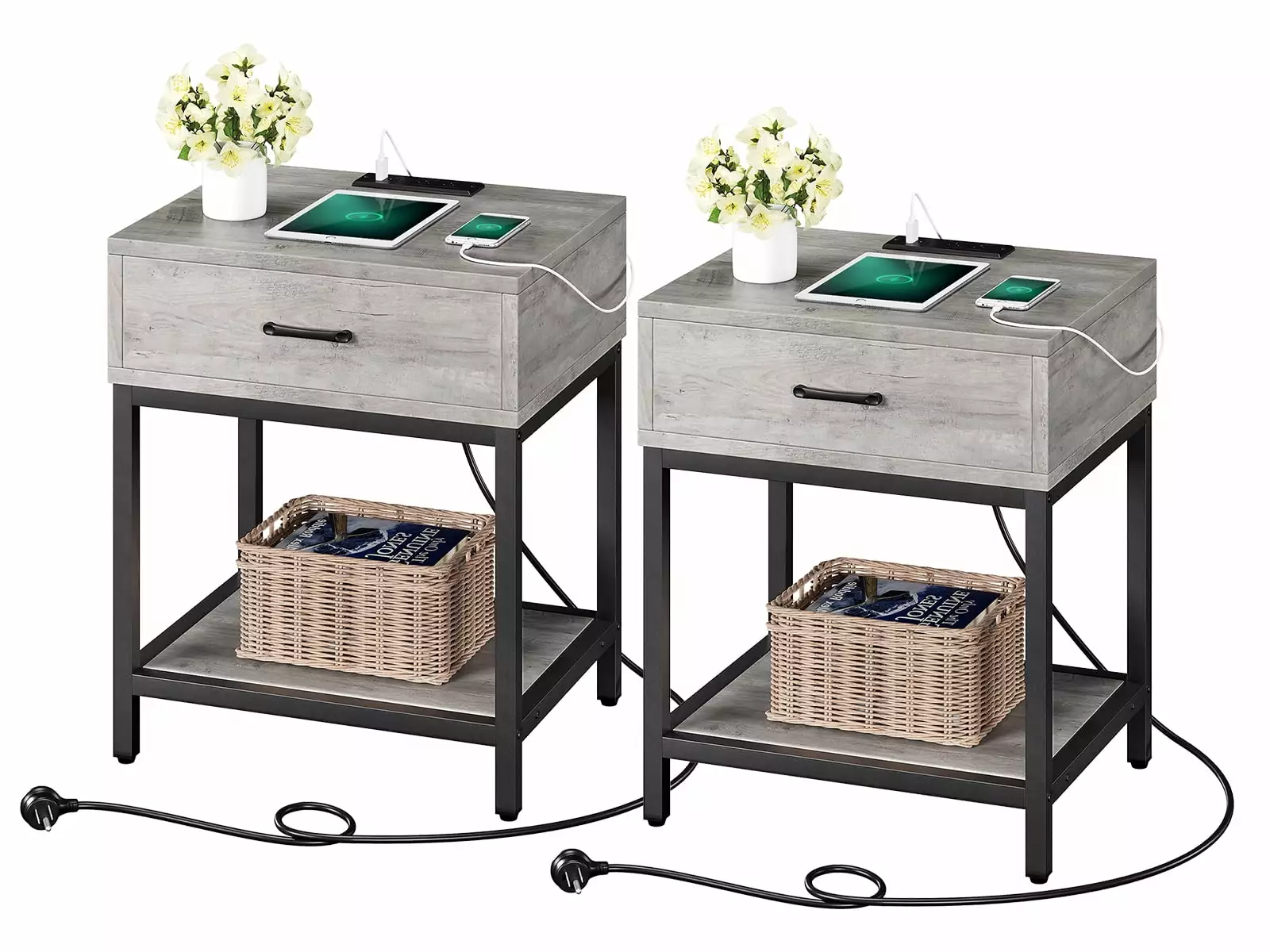 Nightstand Charging Station Set 2 Modern Bedside Tables USB Ports Jojoka