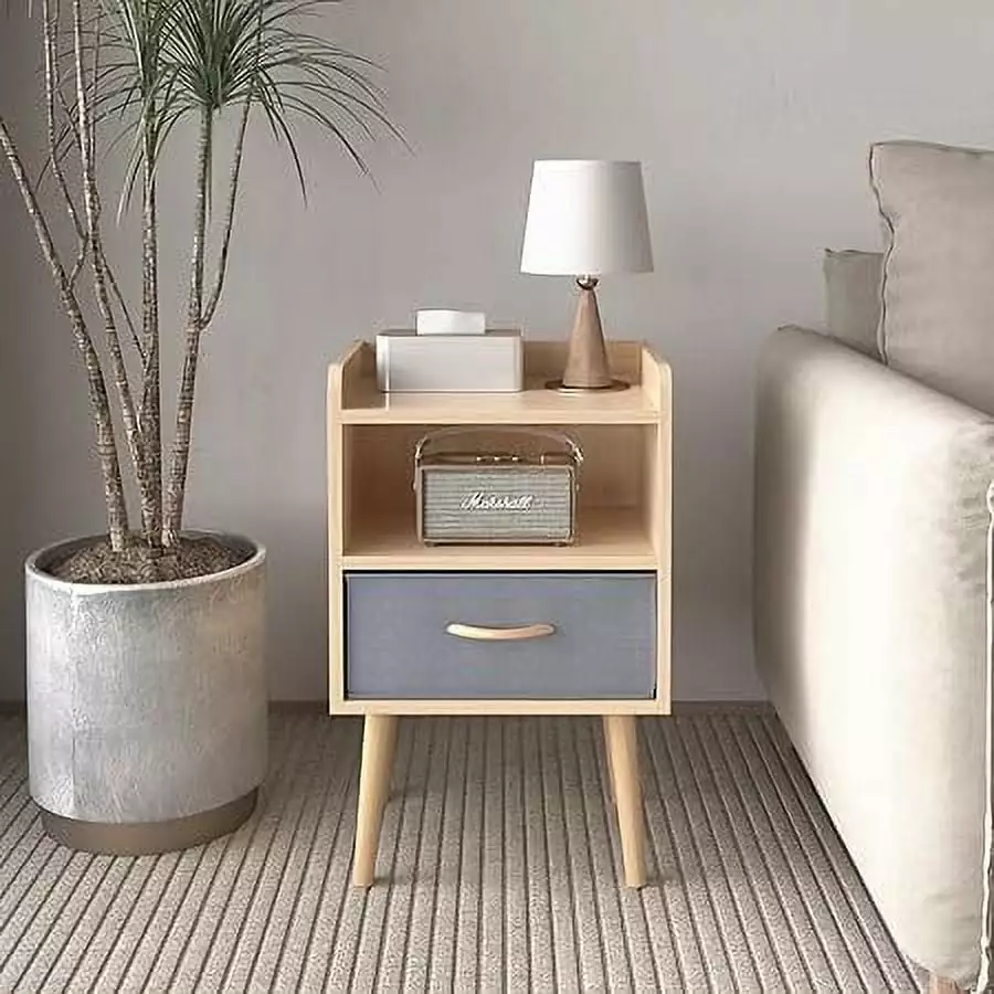 Collapsible Fabric Drawer Nightstand - 2-Tier Wood Bedside Table Storage Shelf KEAIDO