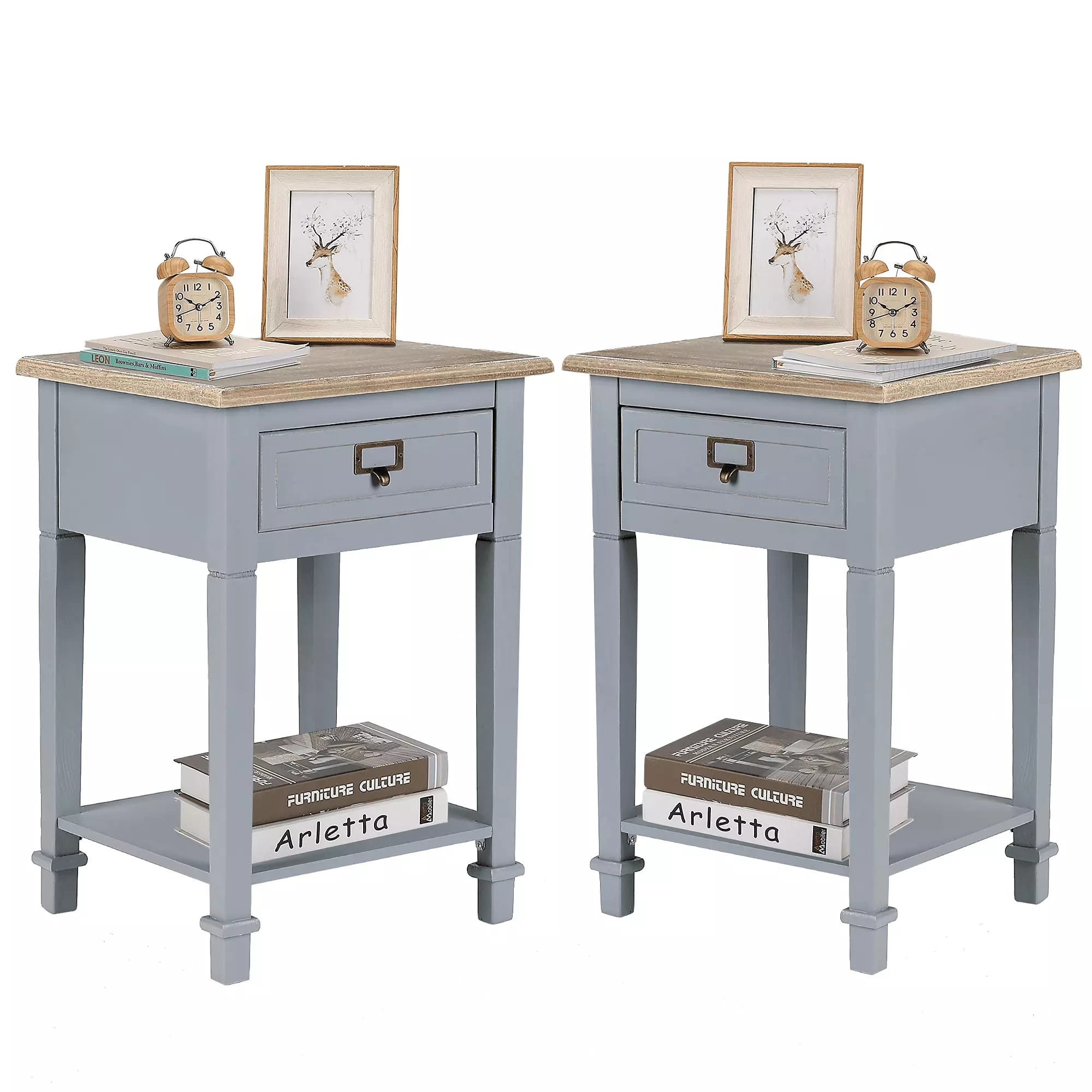 KINSUITE Set 2 Nightstand Accent End Table Drawer and Open Shelf Gray Bedroom Living Room