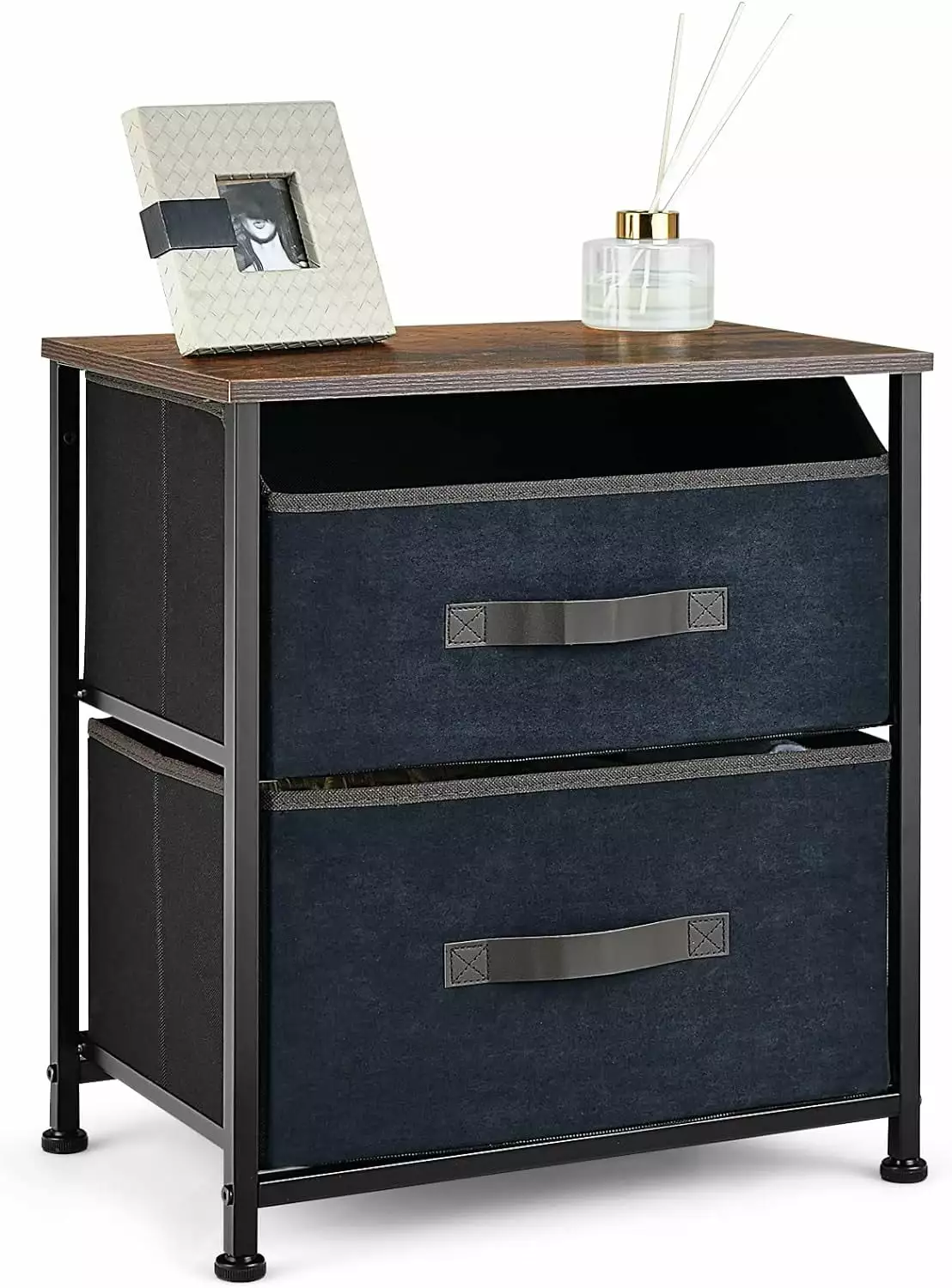 Nightstand 2 Drawers End Table Small Dresser Removable Fabric Bins and Wood Top kk