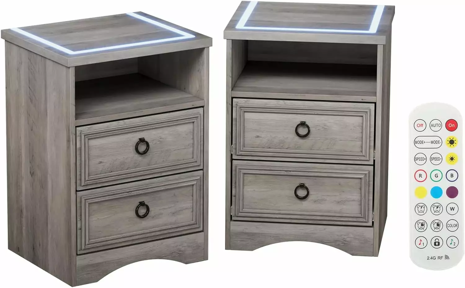 LGHM Nightstands Set 2 LED Light Bedside Table 2 Drawers Bedroom Living Room Gray