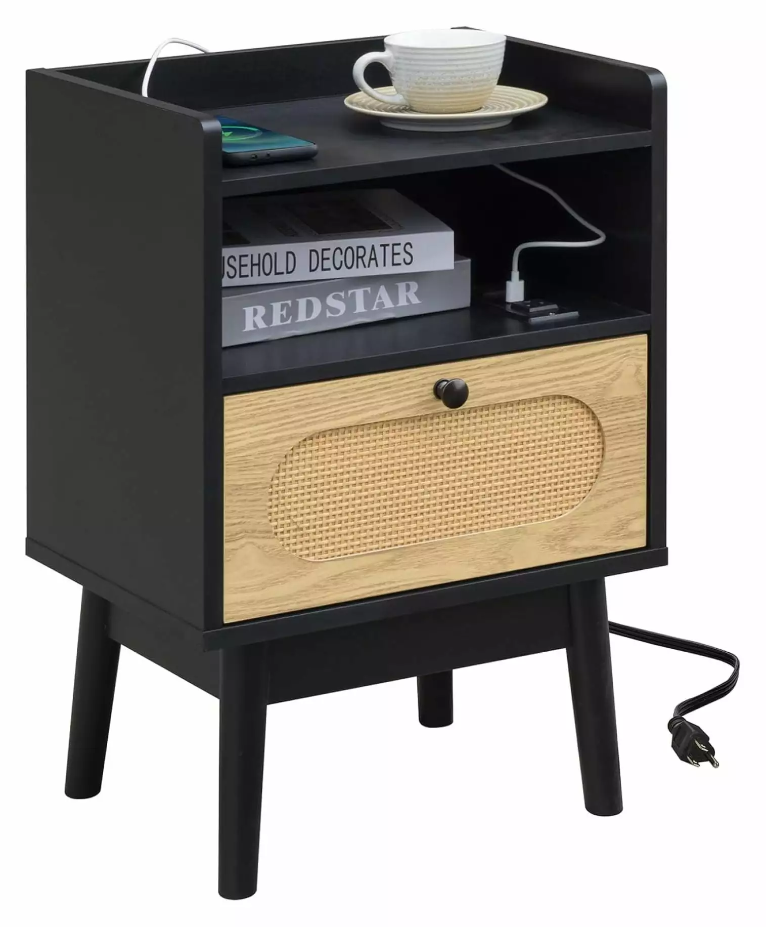 LirtedAura Lomojo Rattan Nightstand Charging Station Boho Side Table Bedroom