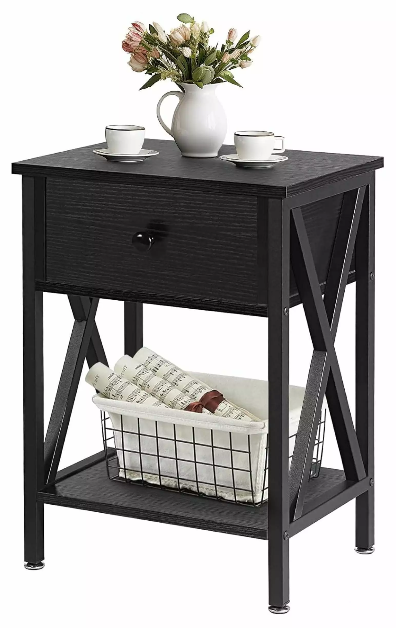 LoWyiL Modern X-Design Black Nightstand Drawer and Storage Shelf