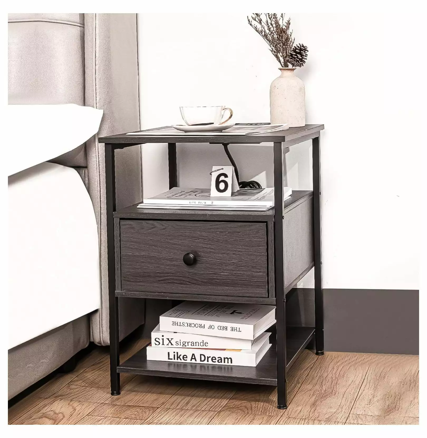 Wooden Nightstand Charging Station USB Port Single Drawer Bedside Table End Cabinet Living Room Bedroom Dorm Dark Grey MAQING