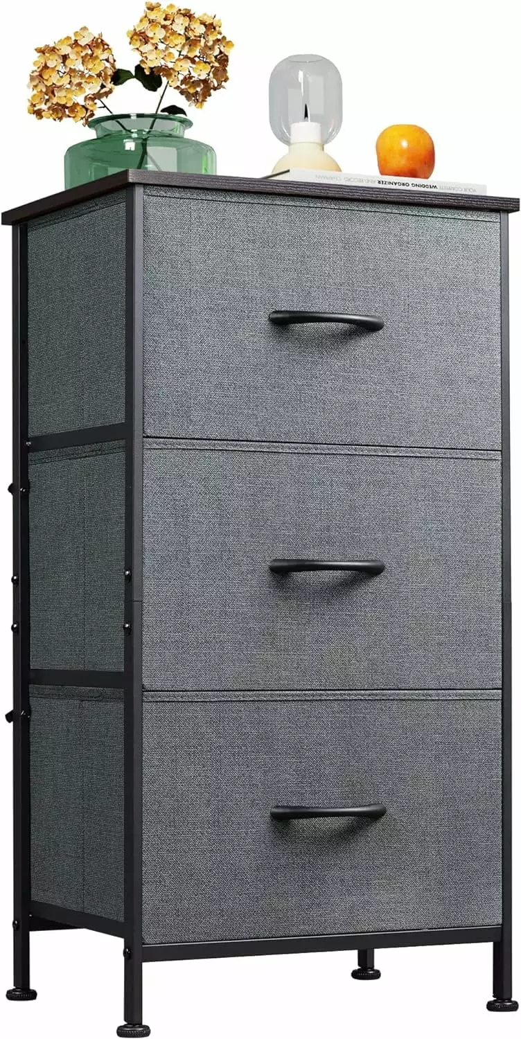 Fabric Nightstand Dresser 3 Drawers and Wood Top Dark Grey MM