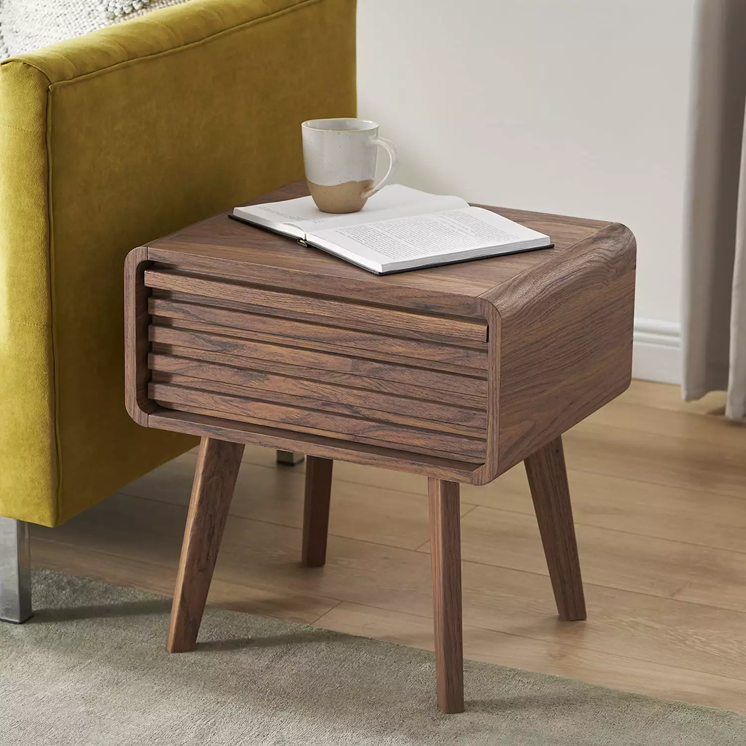 Mopio Ensley Mid Century Modern Nightstand Wood Slat Drawer Storage Walnut Grain Living Room Bedroom