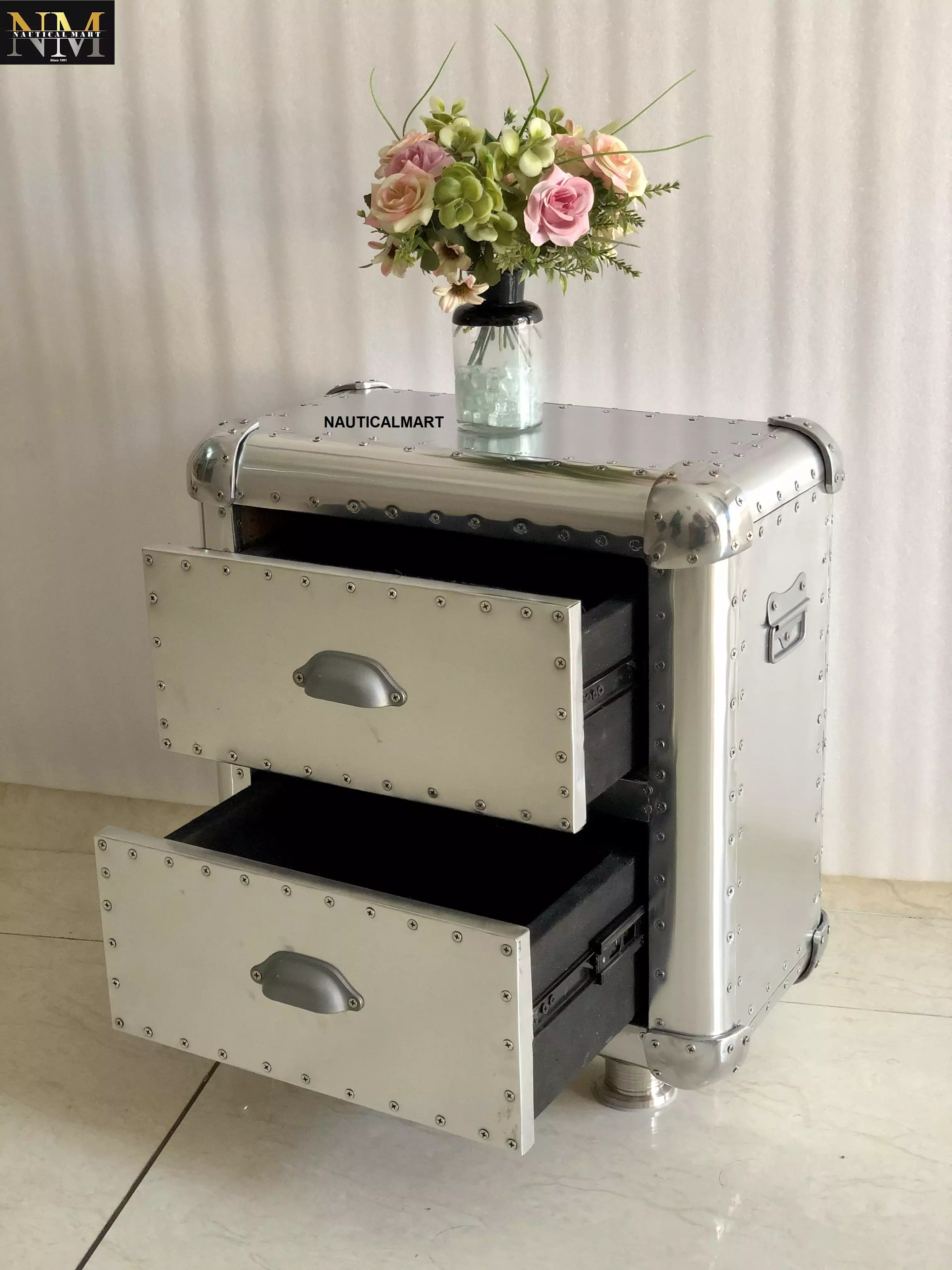 Aviator Aluminum Studded 2 Drawer Bedside Cabinet - Aviator Bedside Stool Nauticalmart