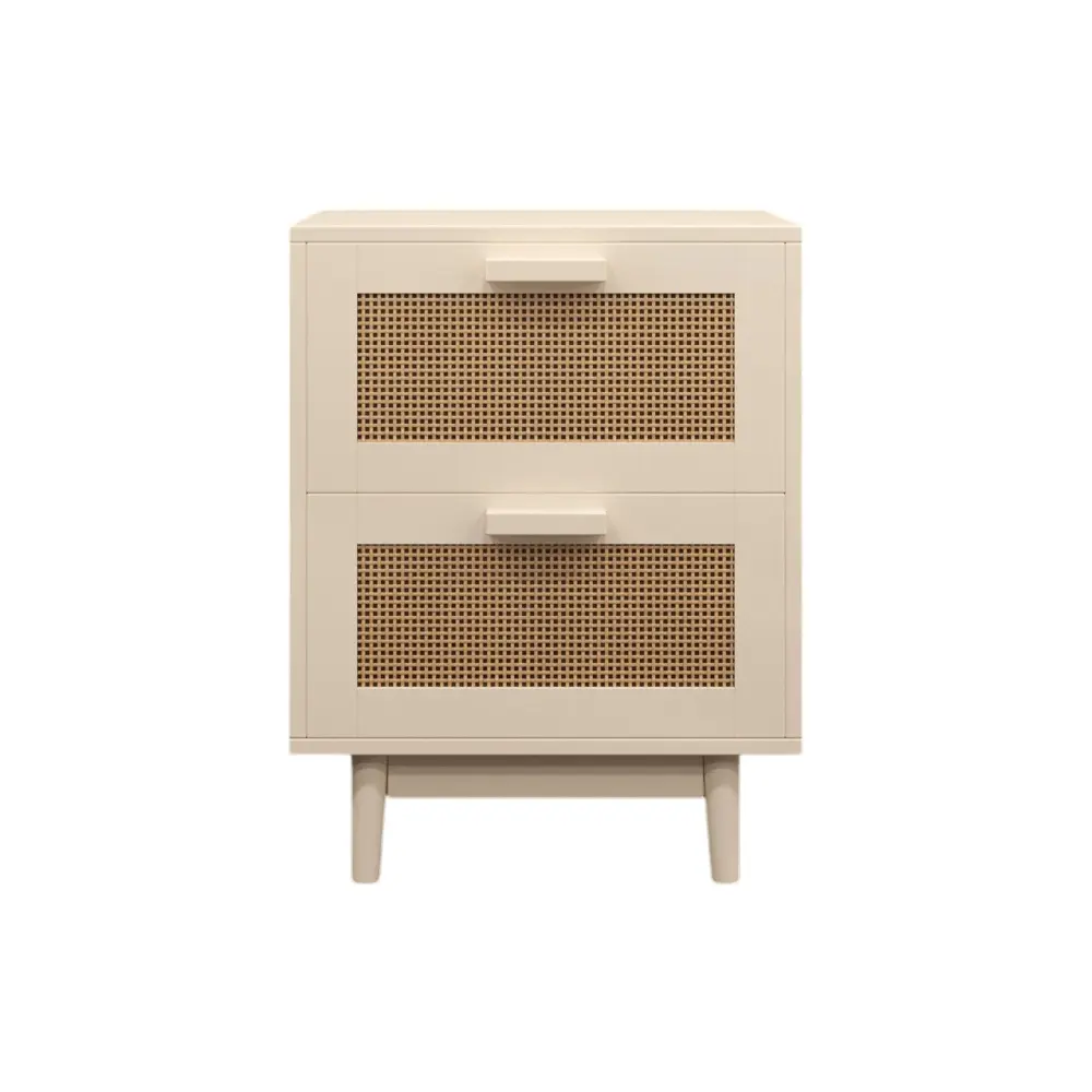 Nightstand 2 Drawers, Storage Side Table Bedroom - Antique Genuine / Rattan Sturdy Pine Wood