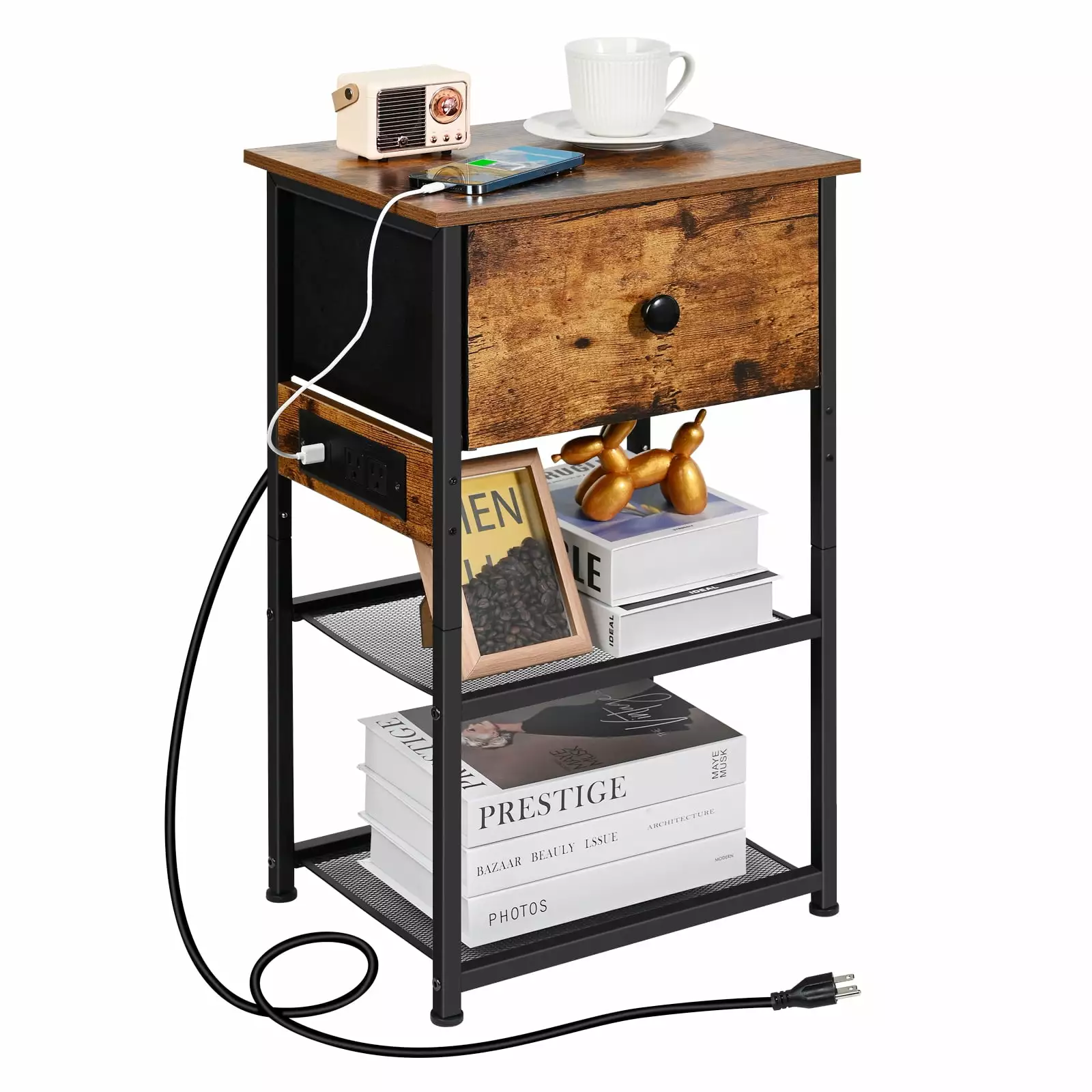 Nightstand Charging Station Bedside Table Fabric Drawer 2 Storage Shelves Black Ollieroo