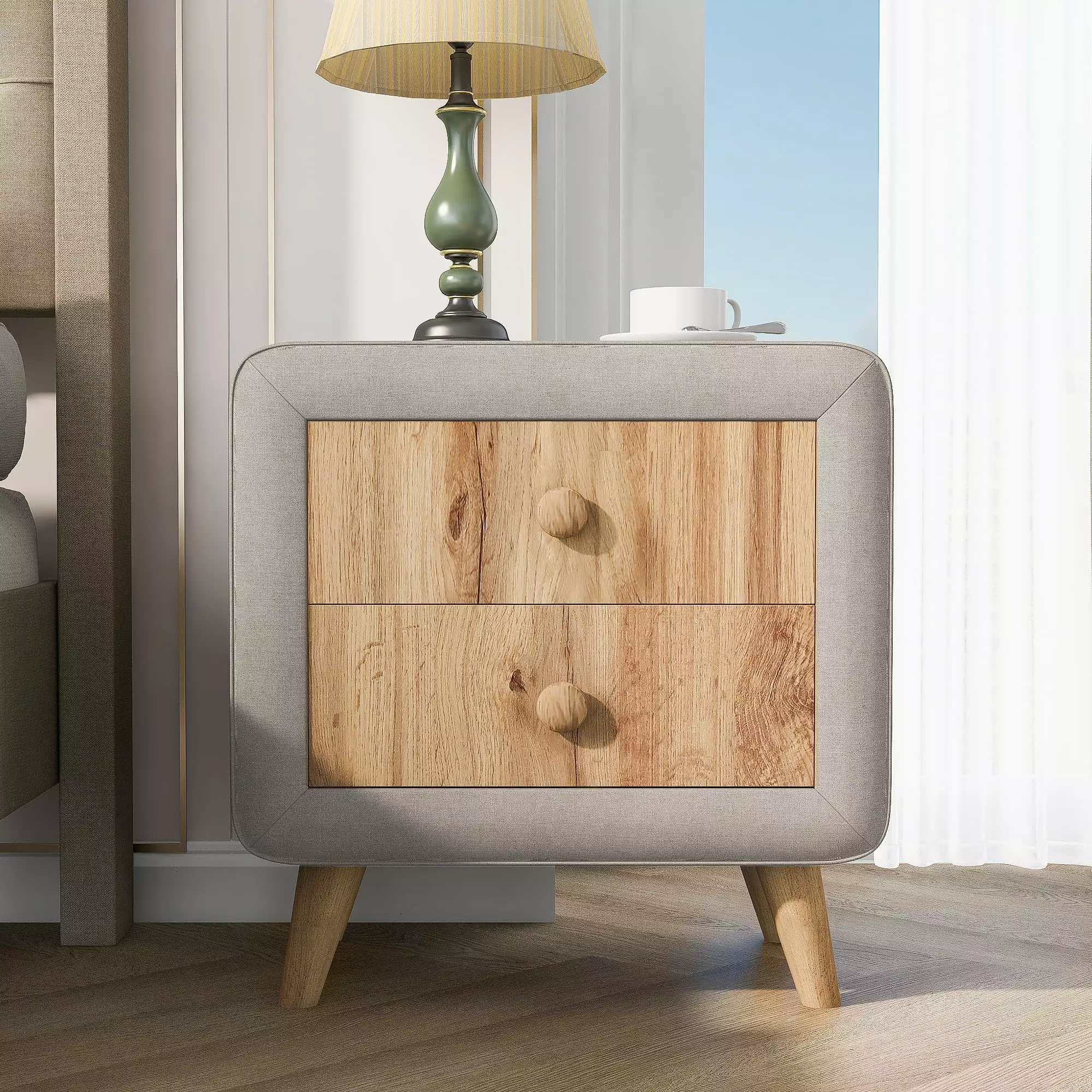 Upholstered Wooden Nightstand 2 Drawers, Fully Assembled Except Legs and Handles, Bedside Table Beige OMCCHK