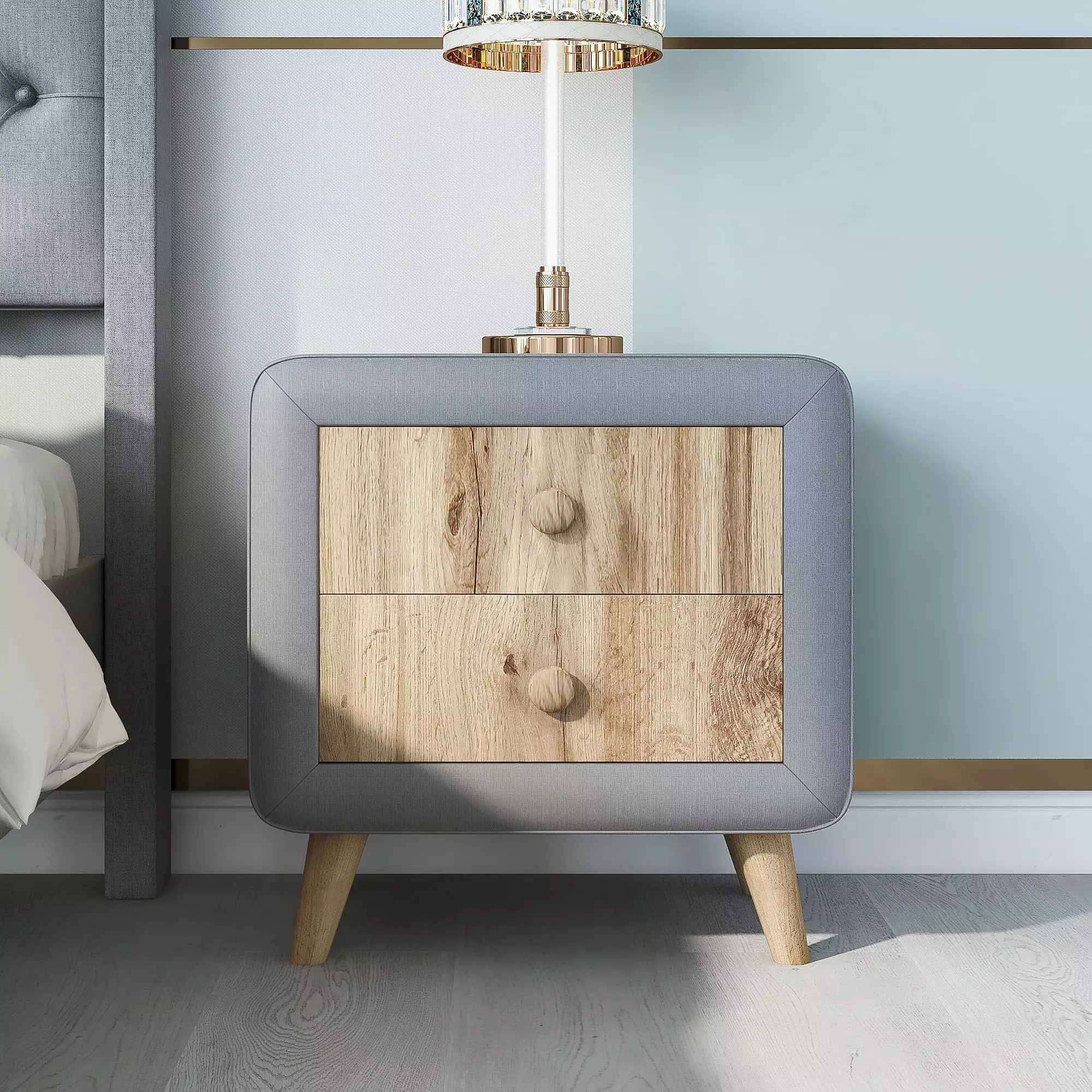 Upholstered Wooden Nightstand 2 Drawers, Fully Assembled Except Legs and Handles, Bedside Table Gray OMCCHK