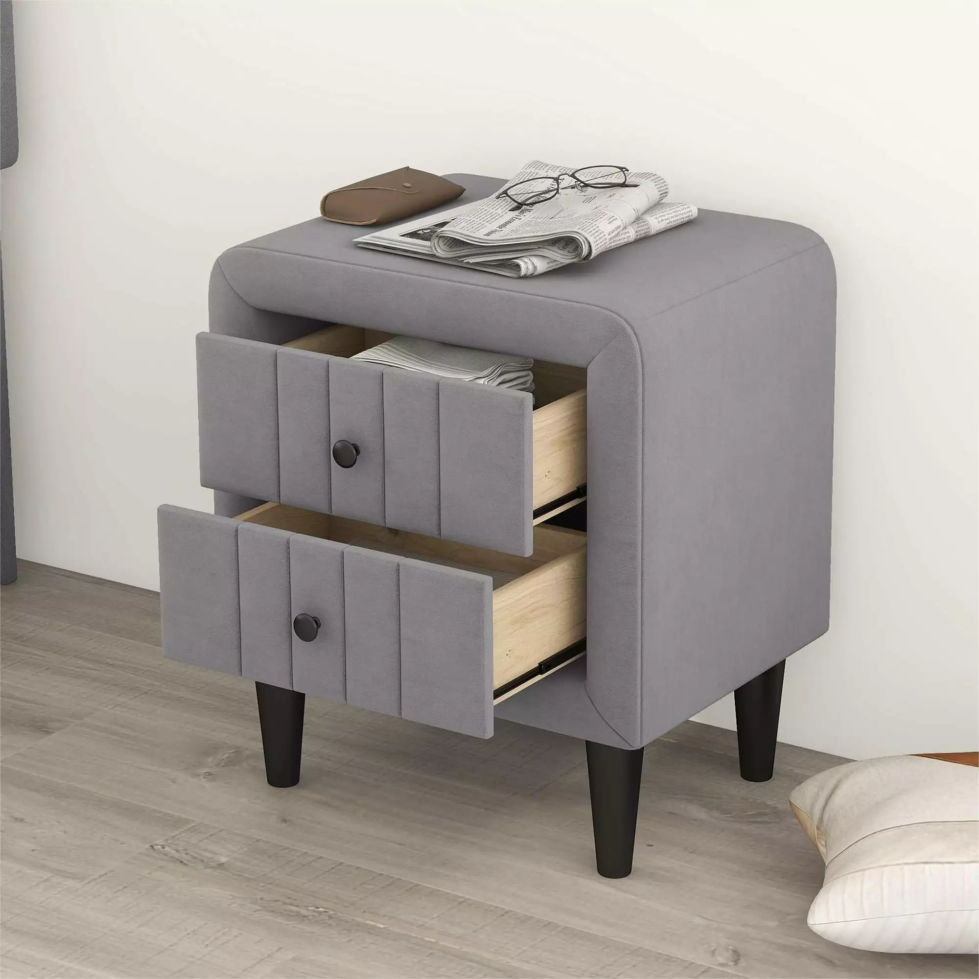 Upholstered Wooden Nightstand 2 Drawers, Fully Assembled Except Legs and Handles, Velvet Bedside Table Gray OMCCHK