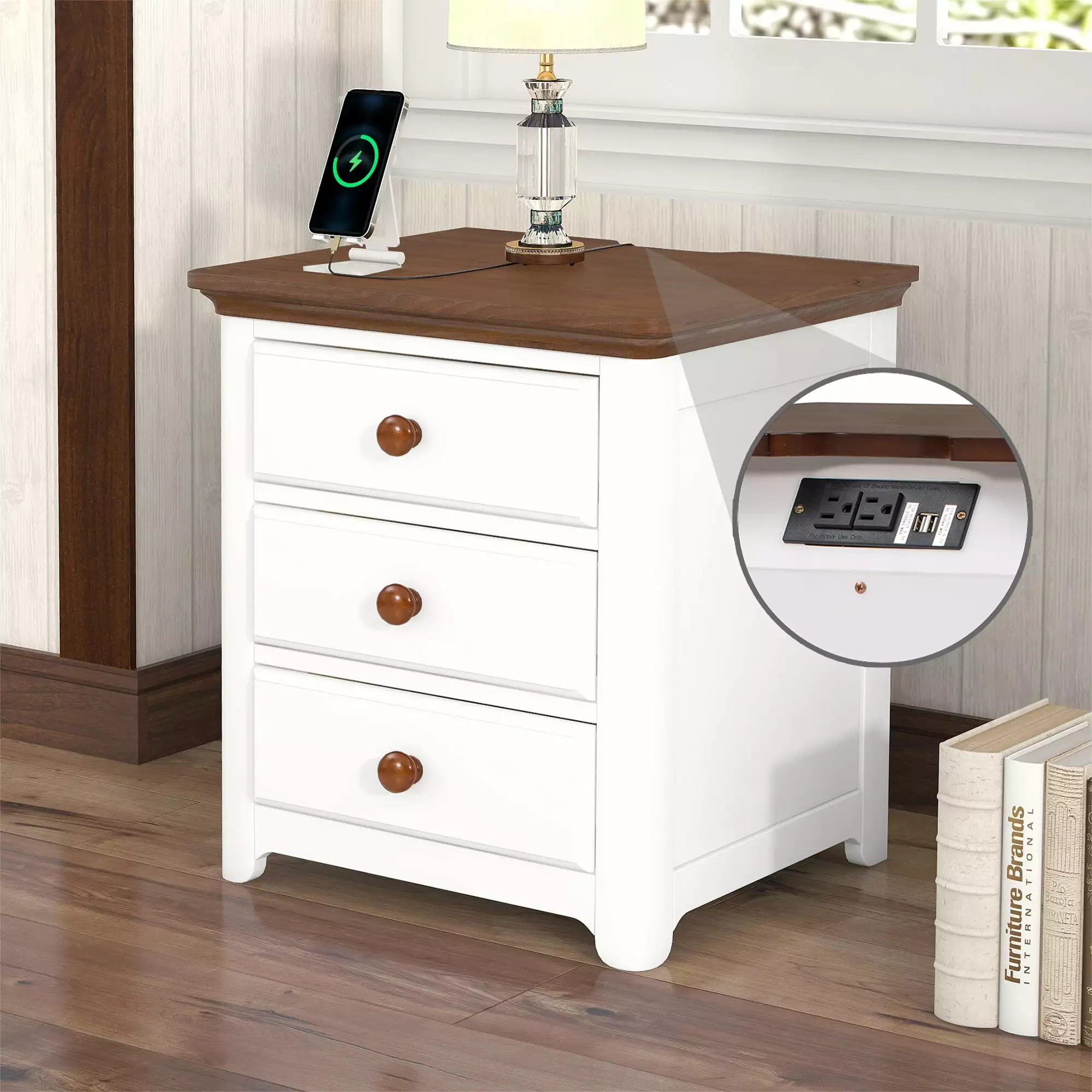 Wooden Nightstand USB Charging Ports and Three Drawers, End Table Bedroom White and Walnut OMCCHK
